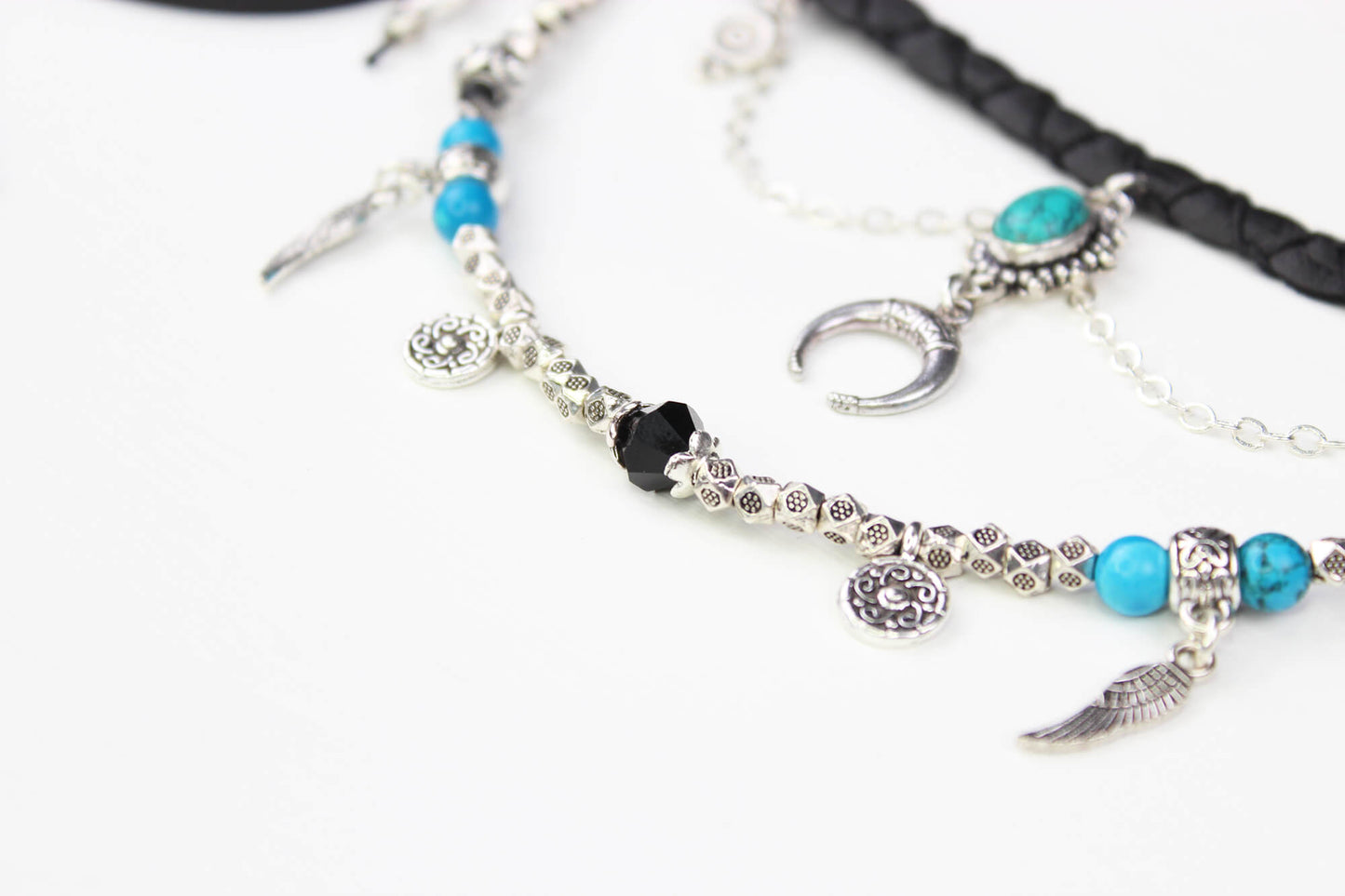 Bohemian Turquoise & Howlite Black with Silver Anklet, Armband Choker