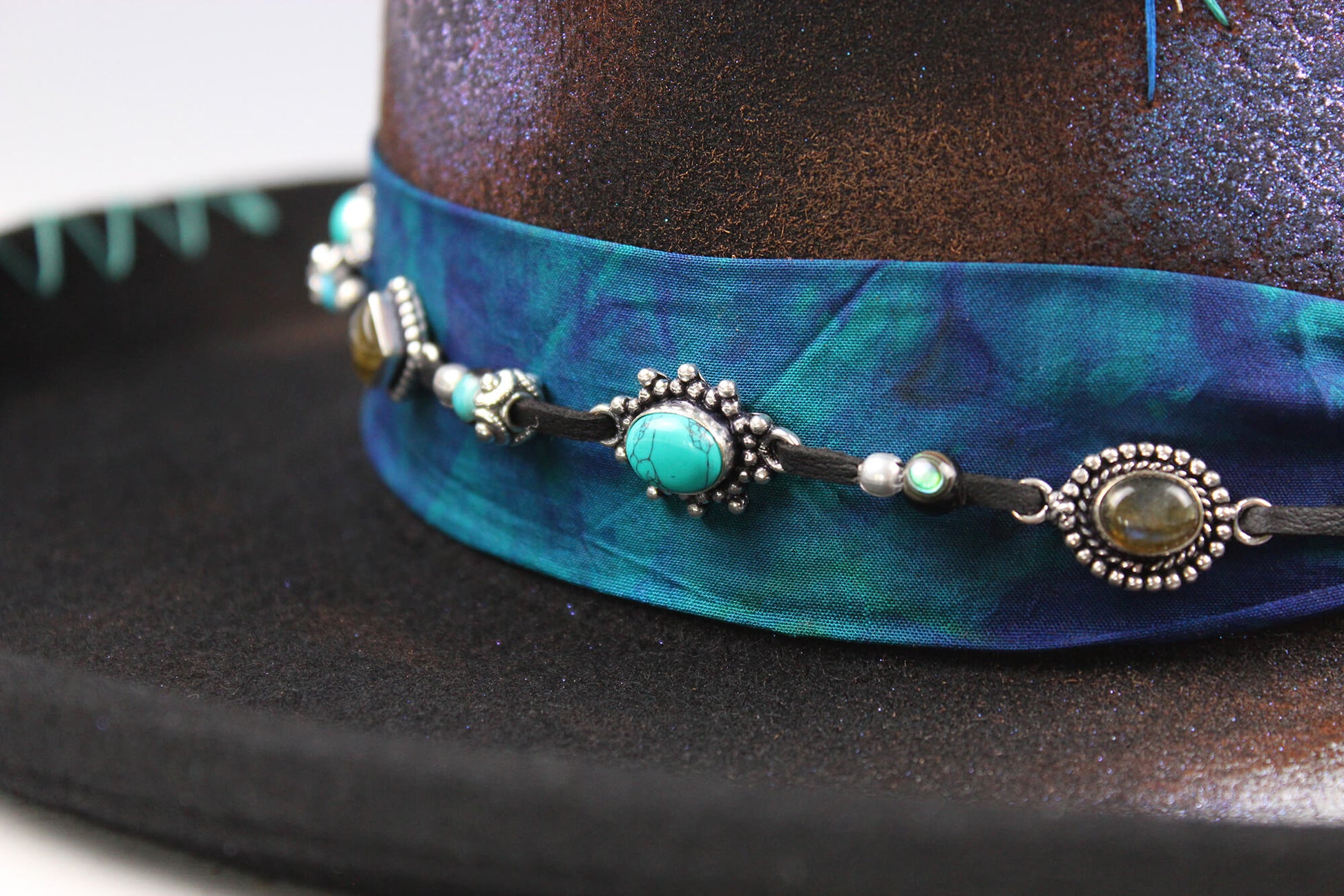 The Dreamweaver Gambler Hat - Western Style Hat Bohemian Country Turquoise Detailing Gemstones And Feathers Unisex For Men And Women