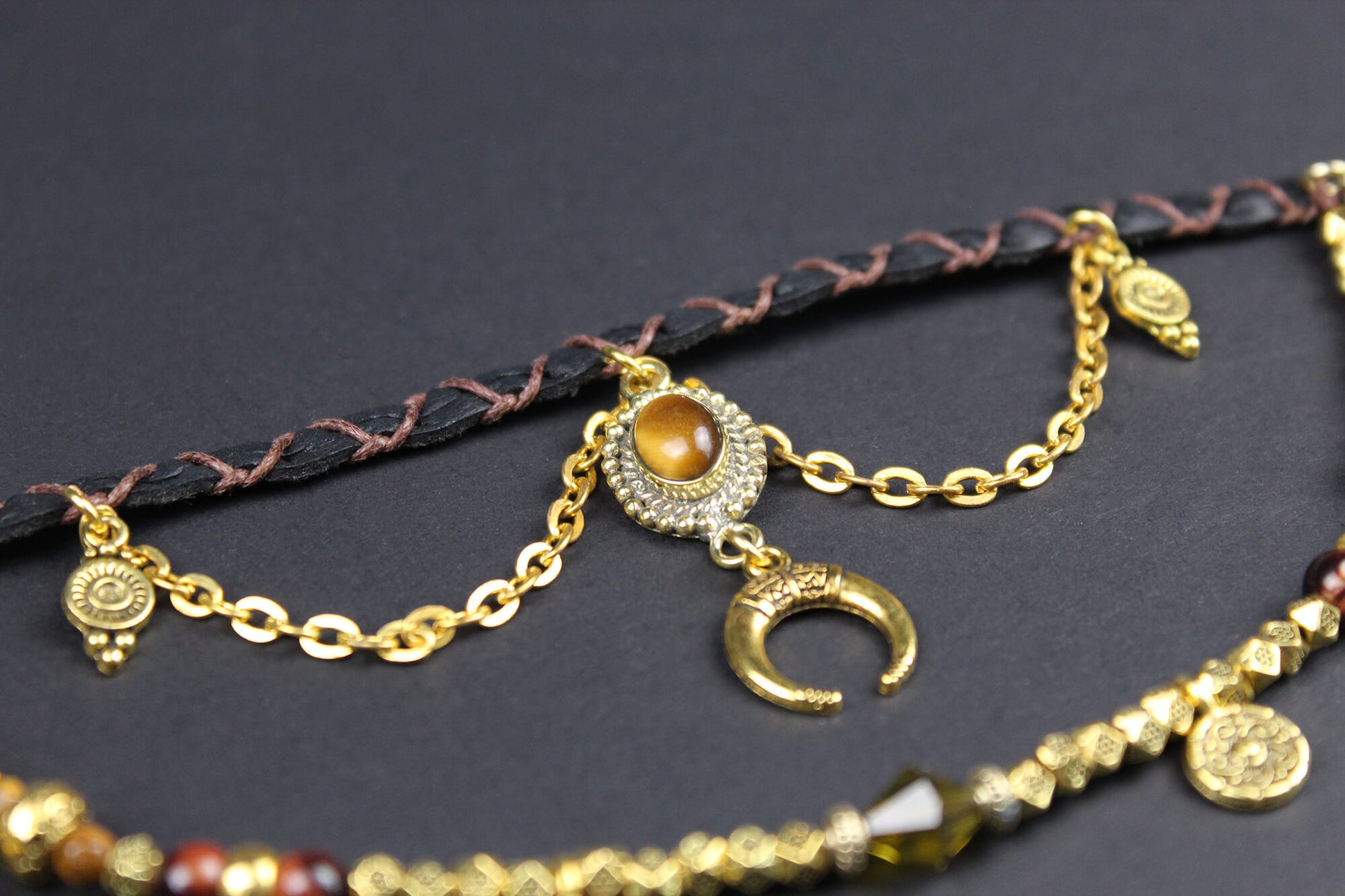 Bohemian Tiger's Eye with Gold Anklet, Armband Choker - 3 in 1