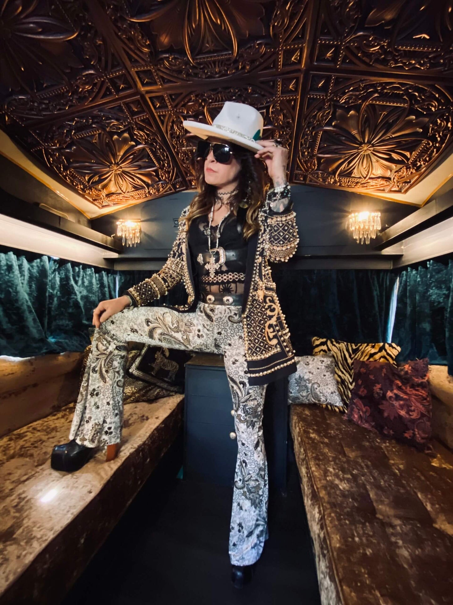 White Rabbit Paisley High Waisted Stretch Velvet Bell Bottoms - Unisex Bohemian Rock n Roll Hippie Country & Western Style Festival Fashion