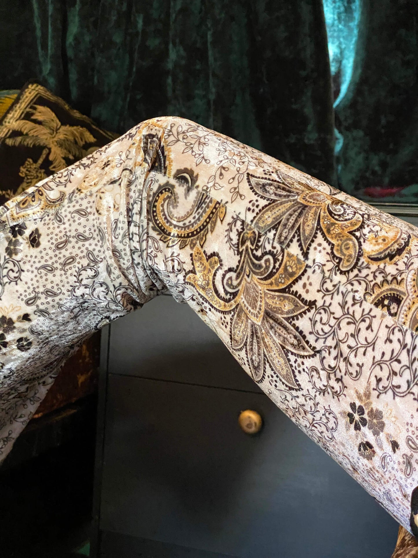 White Rabbit Paisley High Waisted Stretch Velvet Bell Bottoms - Unisex Bohemian Rock n Roll Hippie Country & Western Style Festival Fashion