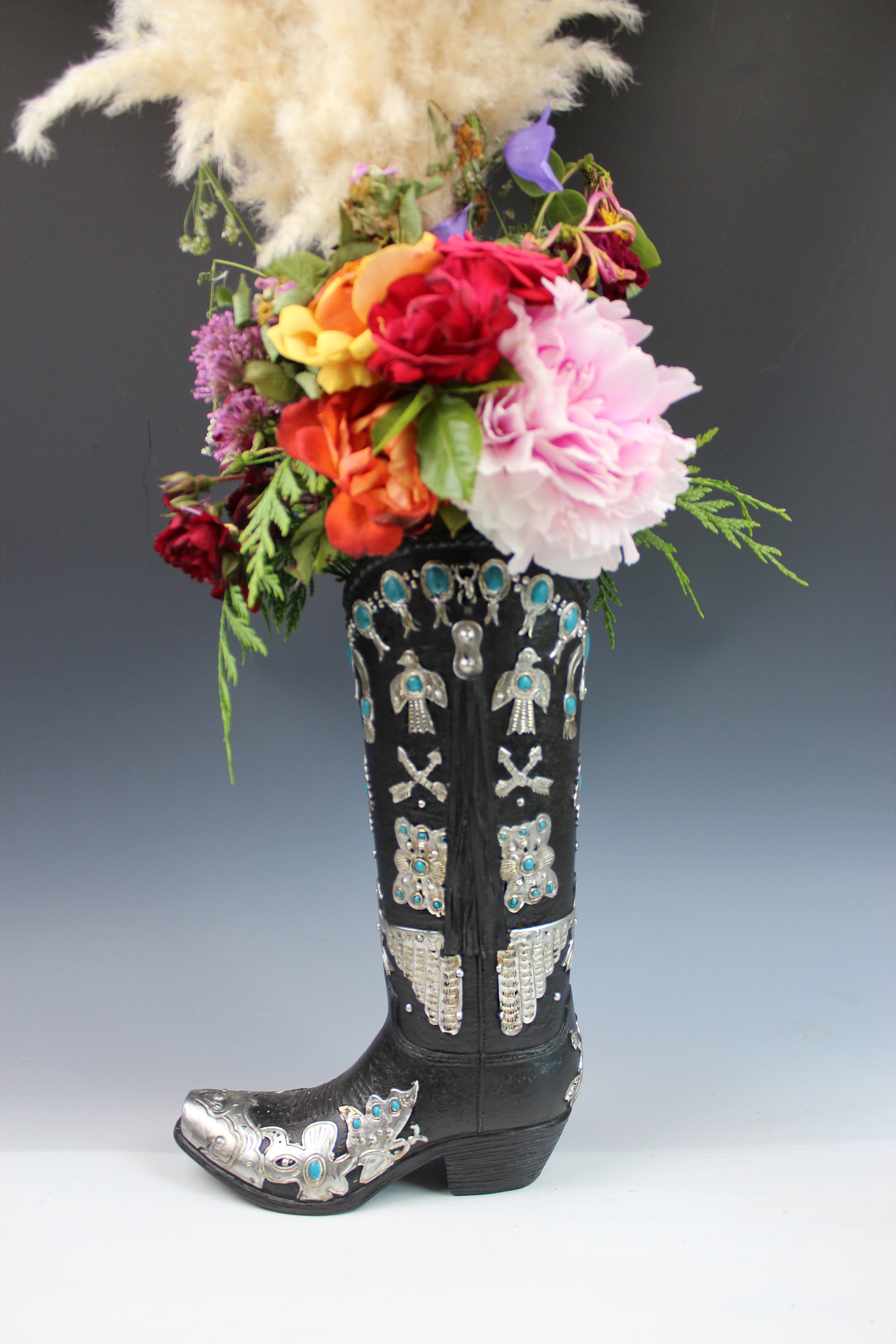 Large Cowboy Boot Vase - black & silver cowboy boot vase with turquoise accents, western style flower arrangement vase, realistic boot vase