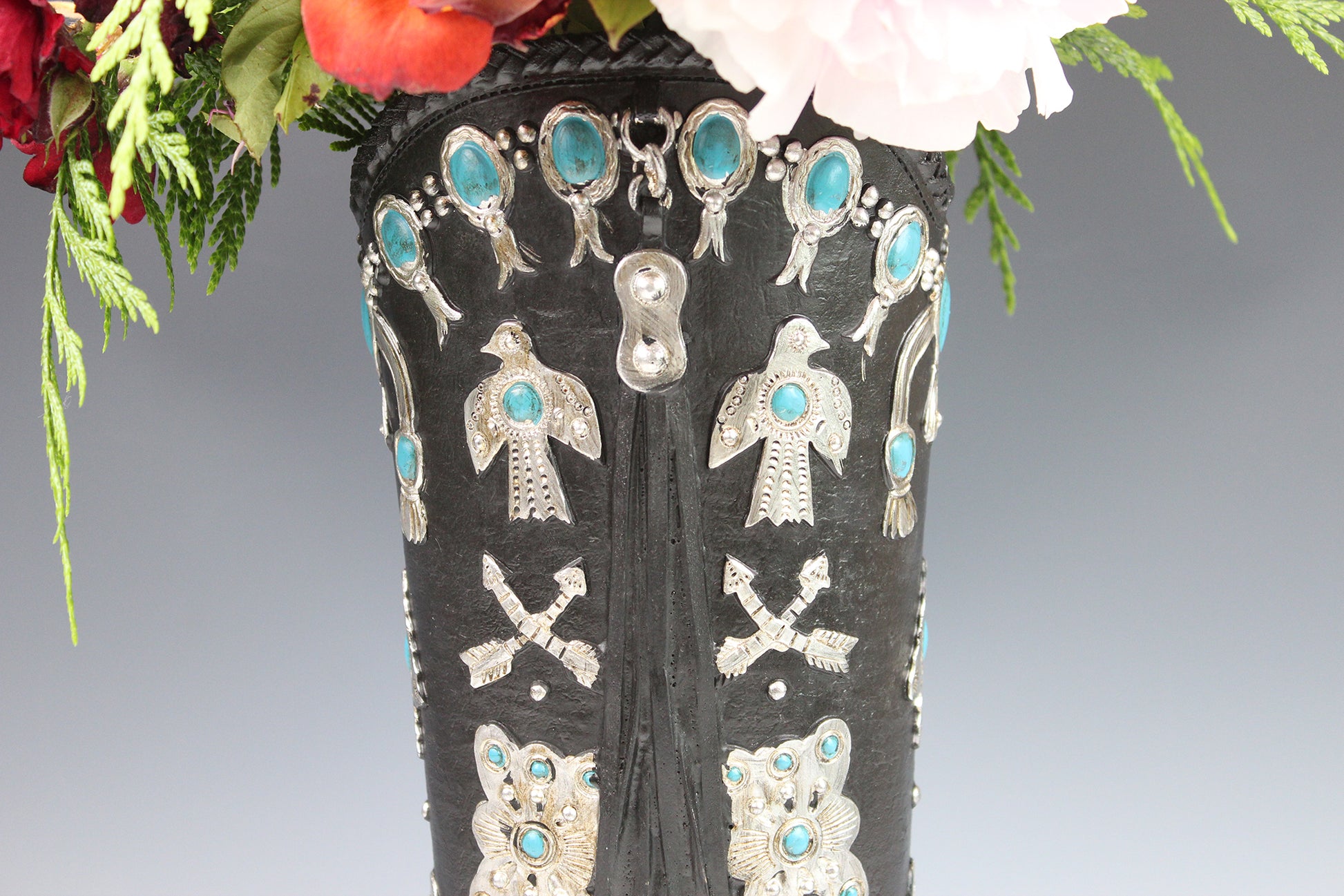 Large Cowboy Boot Vase - black & silver cowboy boot vase with turquoise accents, western style flower arrangement vase, realistic boot vase