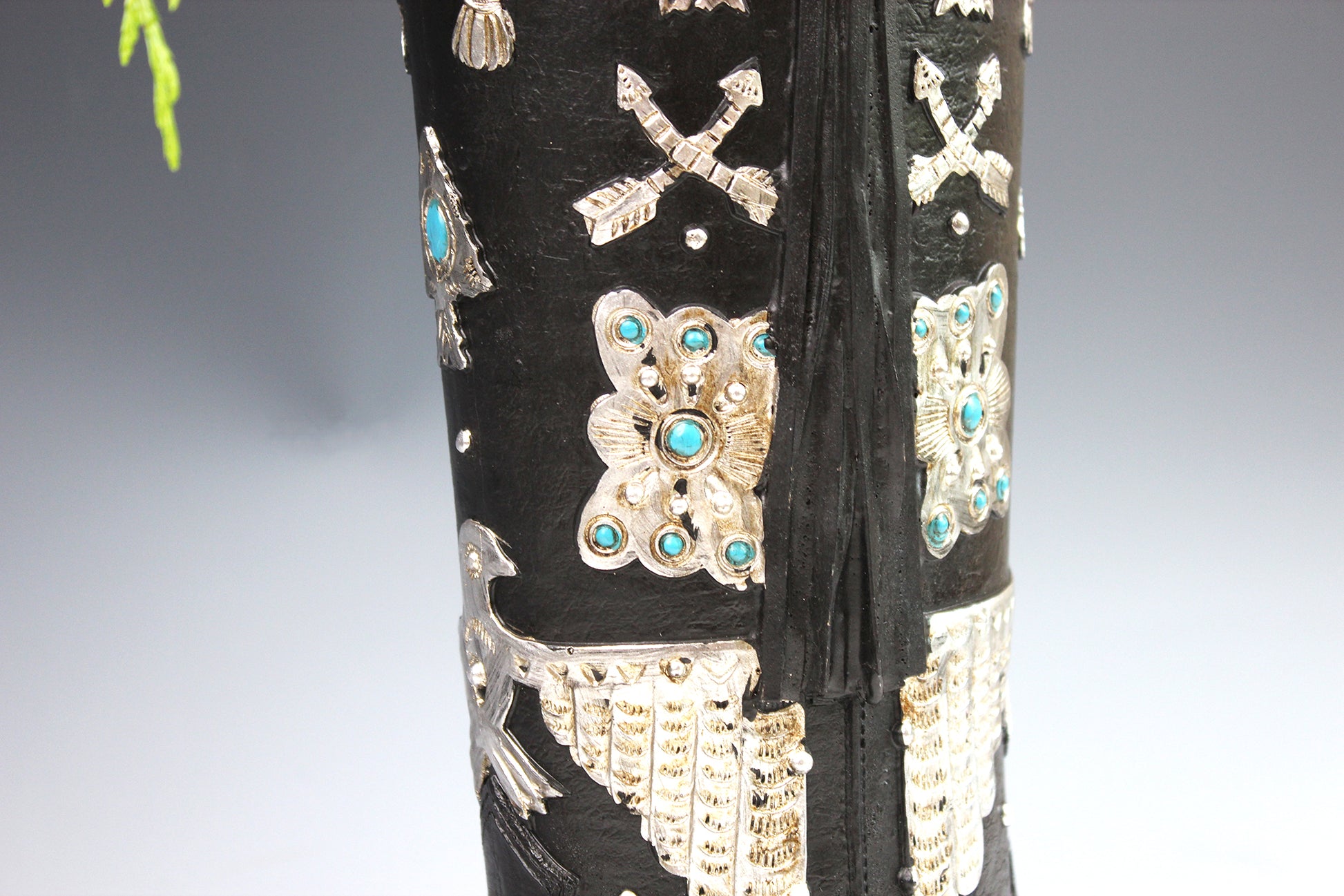 Large Cowboy Boot Vase - black & silver cowboy boot vase with turquoise accents, western style flower arrangement vase, realistic boot vase