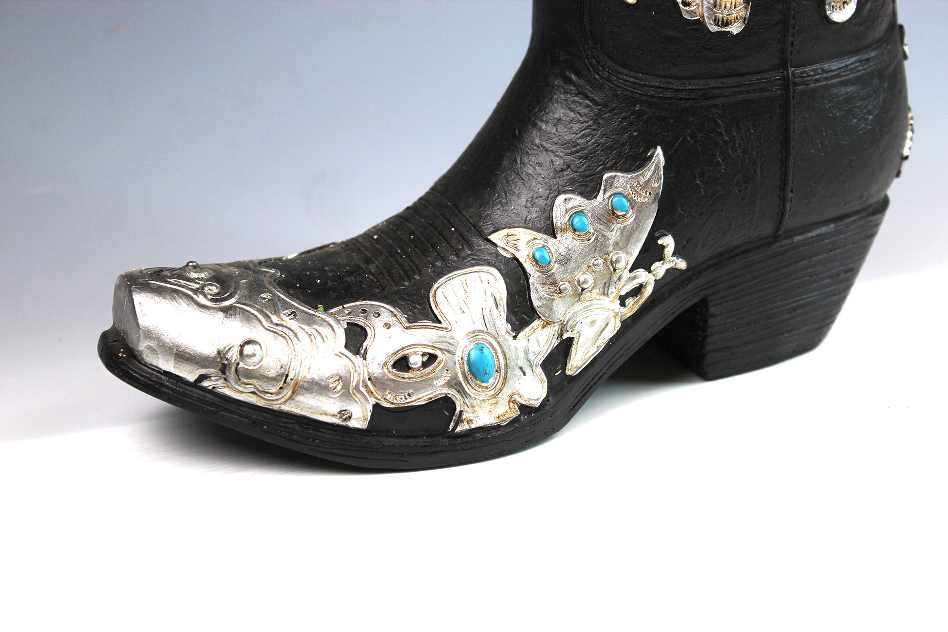 Large Cowboy Boot Vase - black & silver cowboy boot vase with turquoise accents, western style flower arrangement vase, realistic boot vase