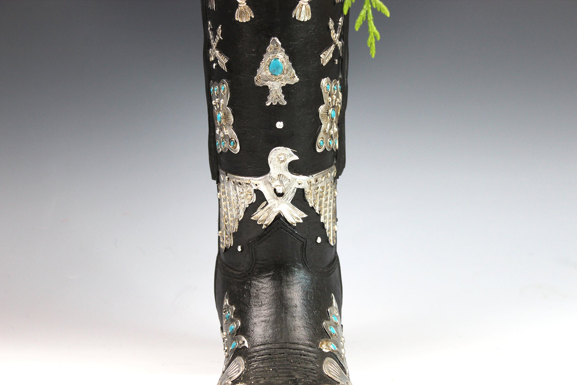Large Cowboy Boot Vase - black & silver cowboy boot vase with turquoise accents, western style flower arrangement vase, realistic boot vase