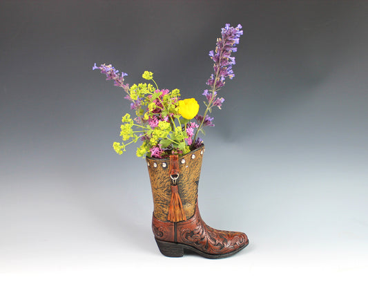 Medium Cowboy Boot Vase - brown & turquoise cowboy boot vase with accents, western style flower arrangement vase, realistic boot vase
