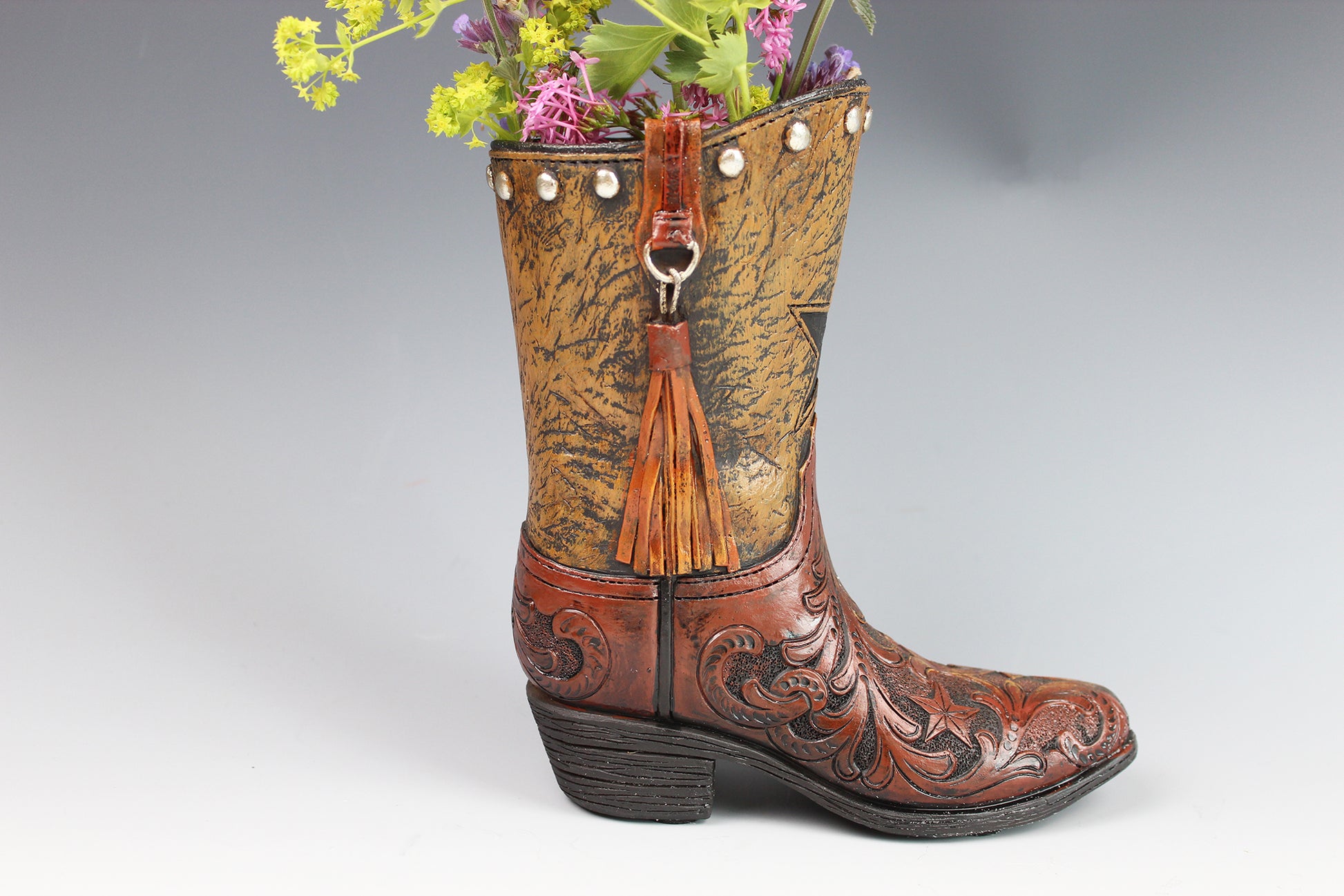 Medium Cowboy Boot Vase - brown & turquoise cowboy boot vase with accents, western style flower arrangement vase, realistic boot vase