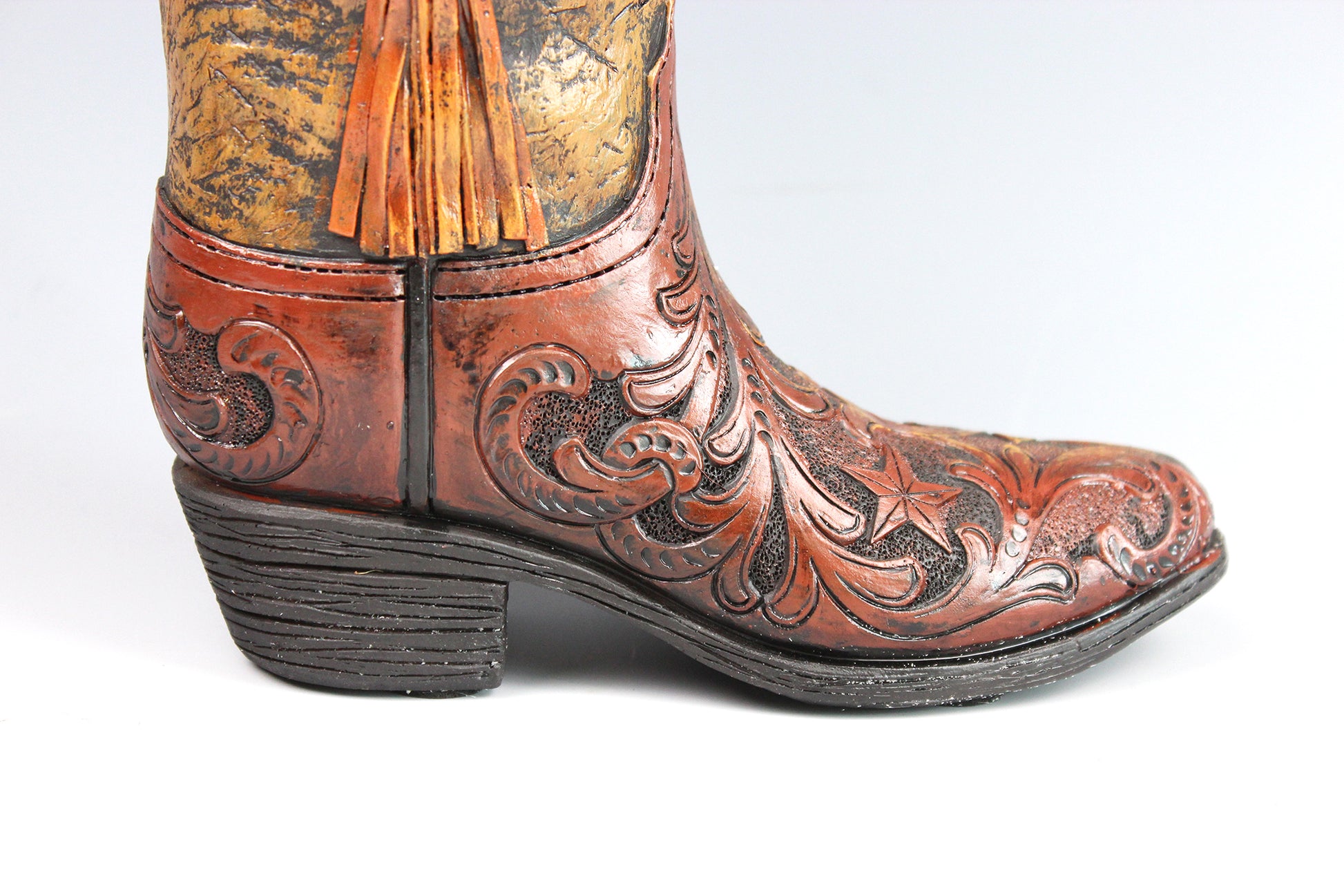 Medium Cowboy Boot Vase - brown & turquoise cowboy boot vase with accents, western style flower arrangement vase, realistic boot vase