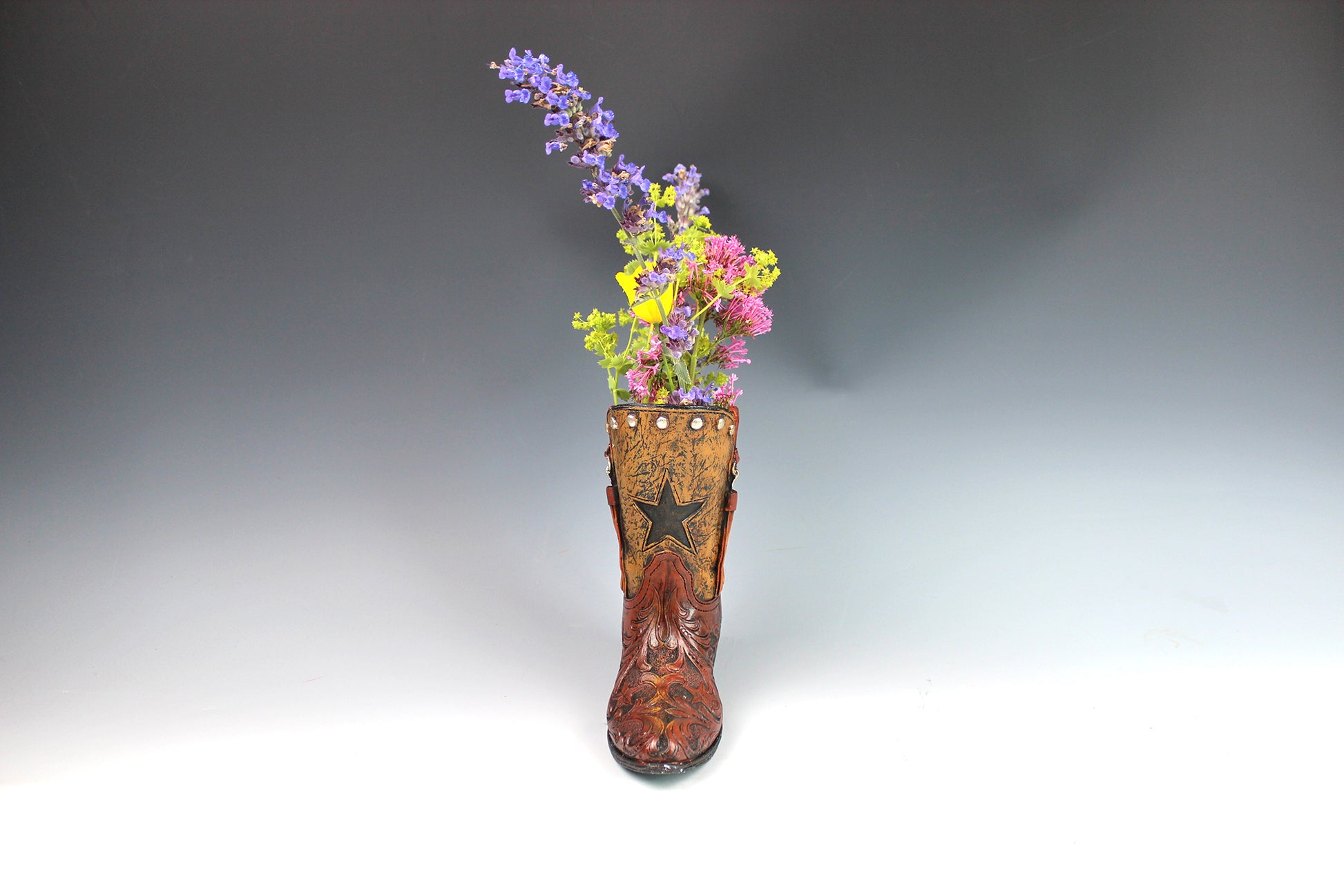Medium Cowboy Boot Vase - brown & turquoise cowboy boot vase with accents, western style flower arrangement vase, realistic boot vase