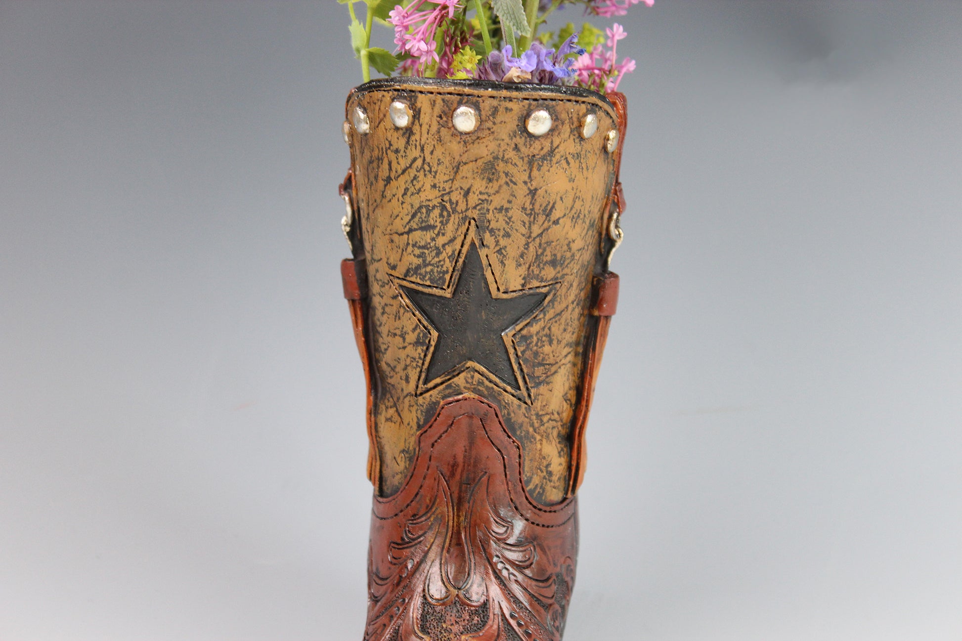 Medium Cowboy Boot Vase - brown & turquoise cowboy boot vase with accents, western style flower arrangement vase, realistic boot vase