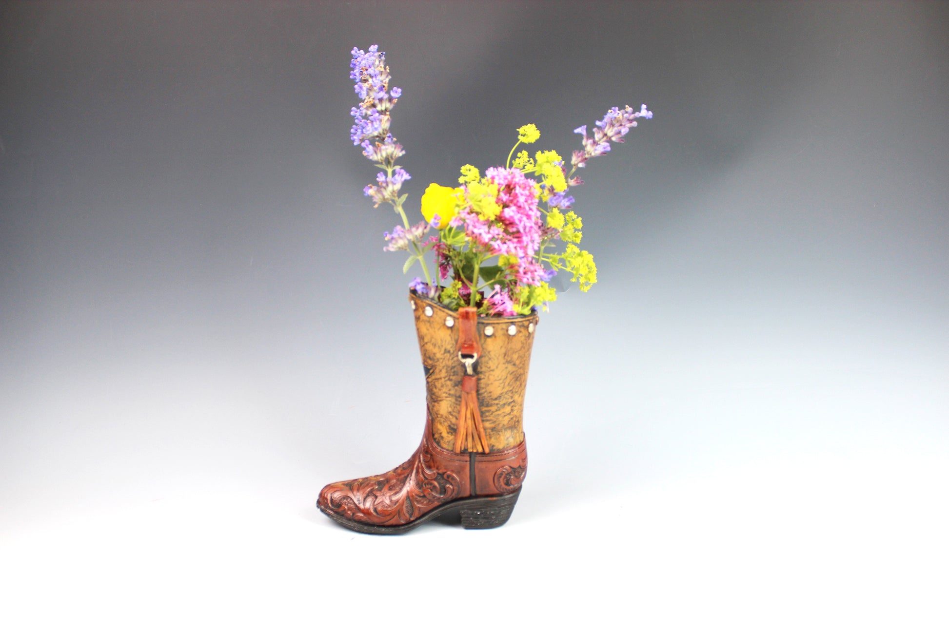 Medium Cowboy Boot Vase - brown & turquoise cowboy boot vase with accents, western style flower arrangement vase, realistic boot vase