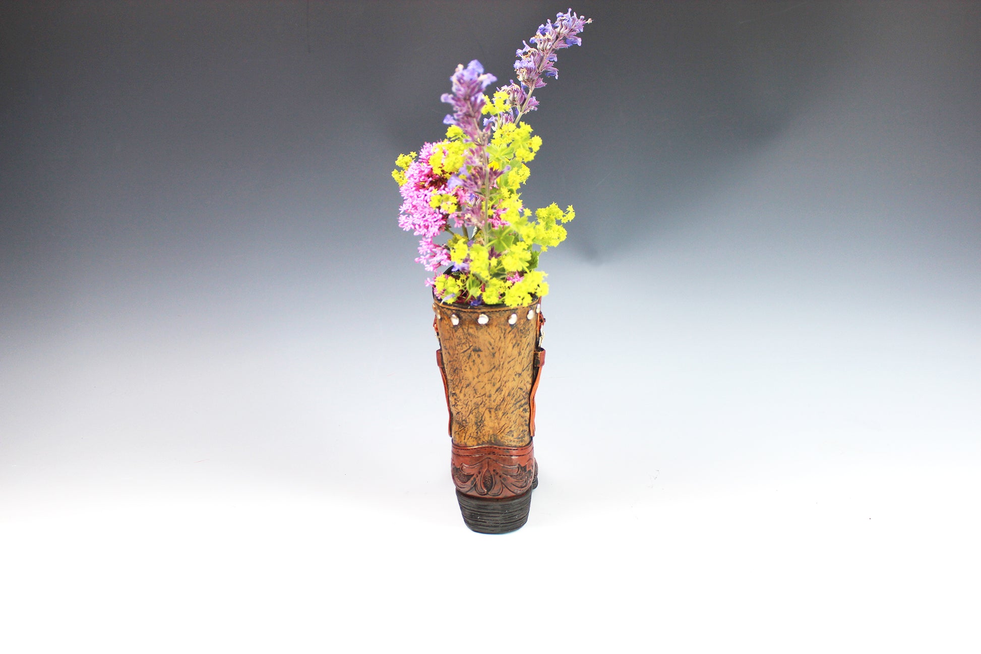 Medium Cowboy Boot Vase - brown & turquoise cowboy boot vase with accents, western style flower arrangement vase, realistic boot vase
