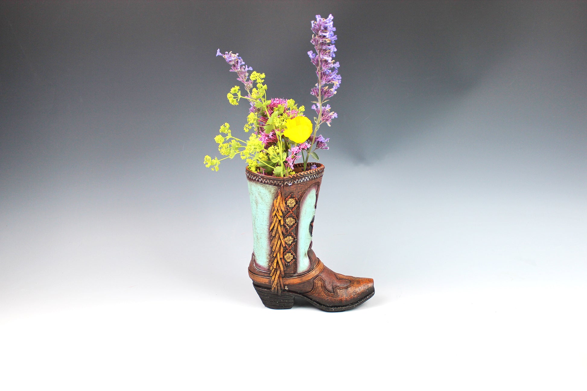 Medium Cowboy Boot Vase - brown & turquoise cowboy boot vase with accents, western style flower arrangement vase, realistic boot vase