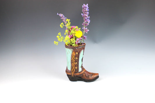 Medium Cowboy Boot Vase - brown & turquoise cowboy boot vase with accents, western style flower arrangement vase, realistic boot vase