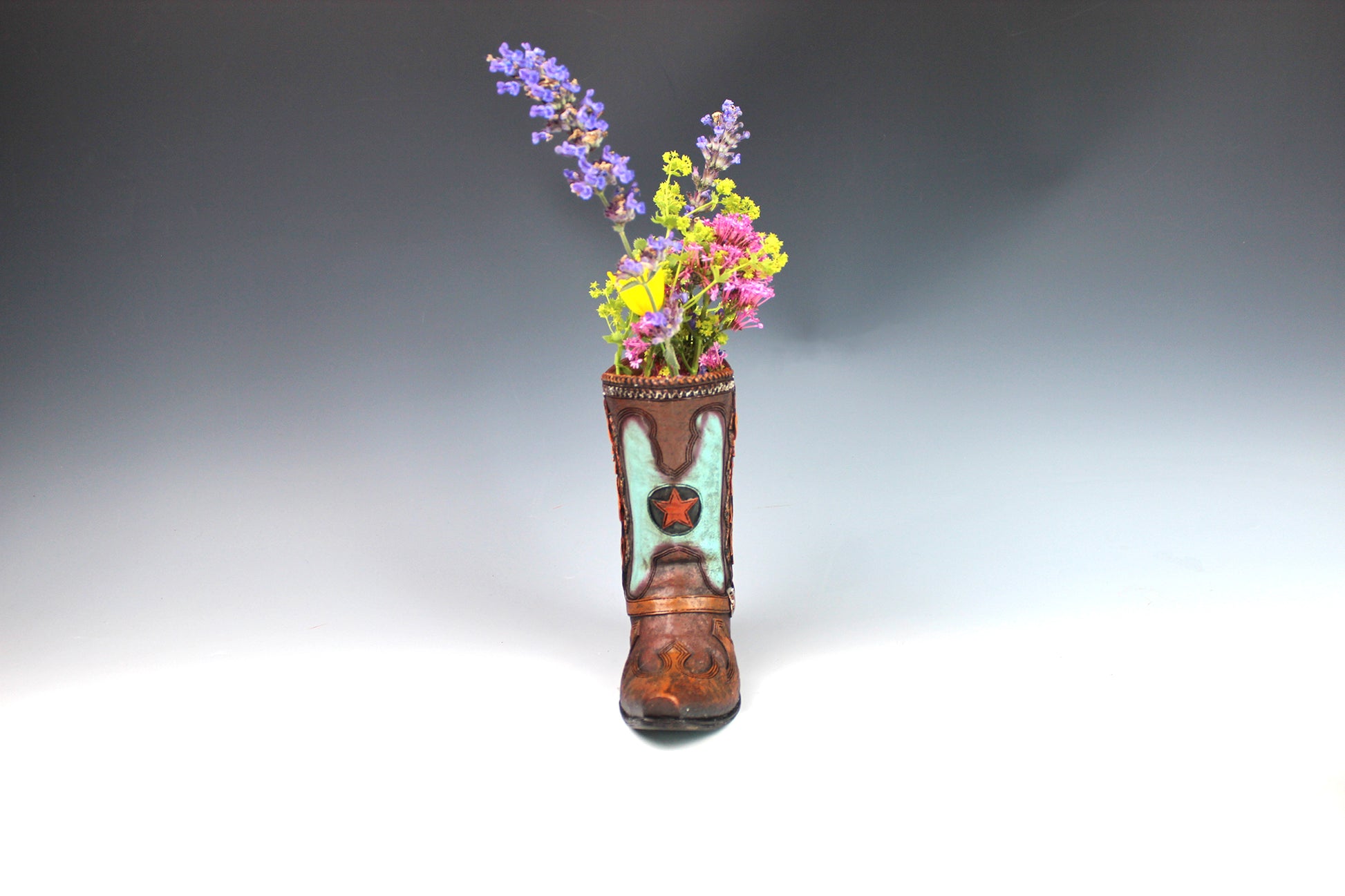 Medium Cowboy Boot Vase - brown & turquoise cowboy boot vase with accents, western style flower arrangement vase, realistic boot vase