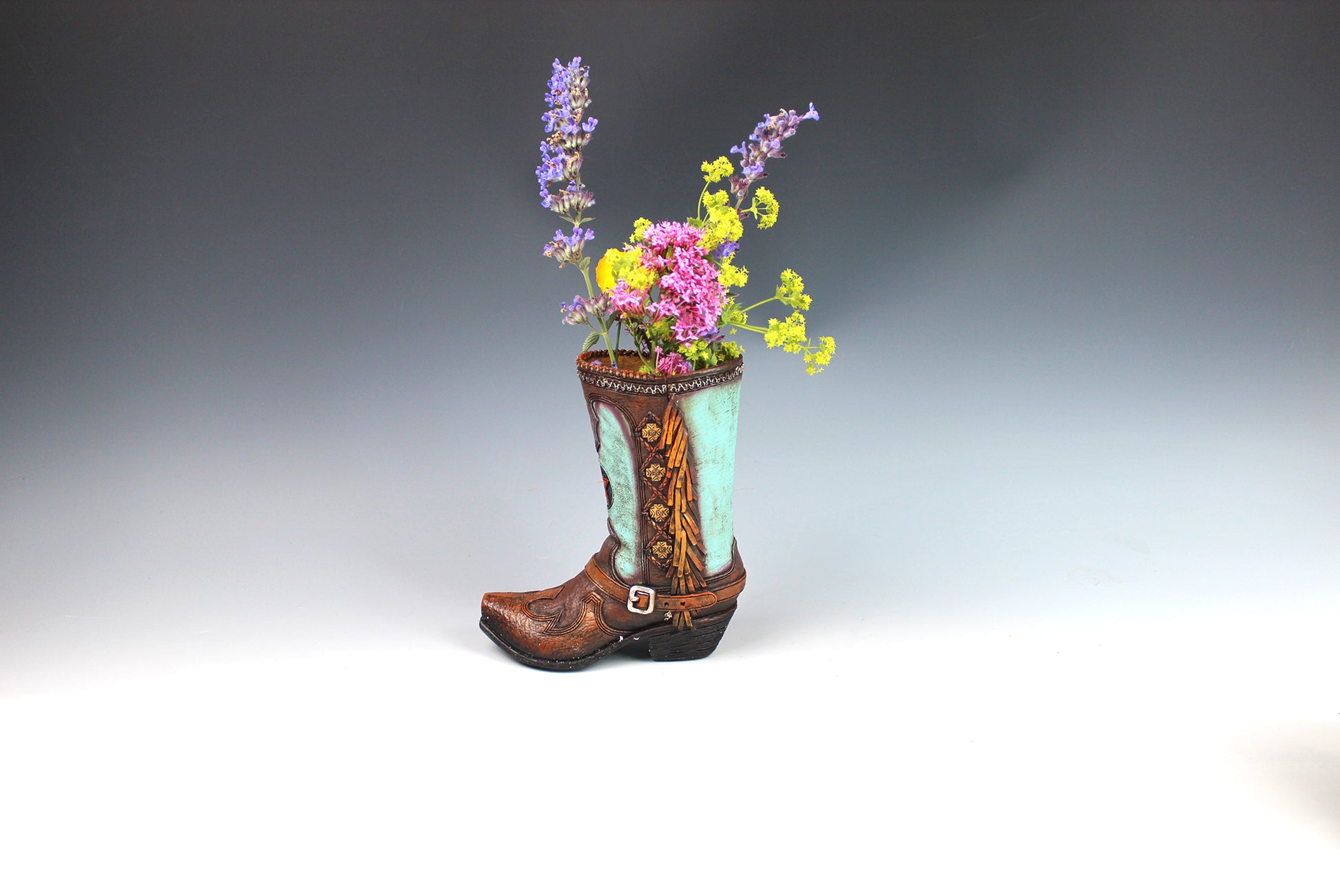 Medium Cowboy Boot Vase - brown & turquoise cowboy boot vase with accents, western style flower arrangement vase, realistic boot vase