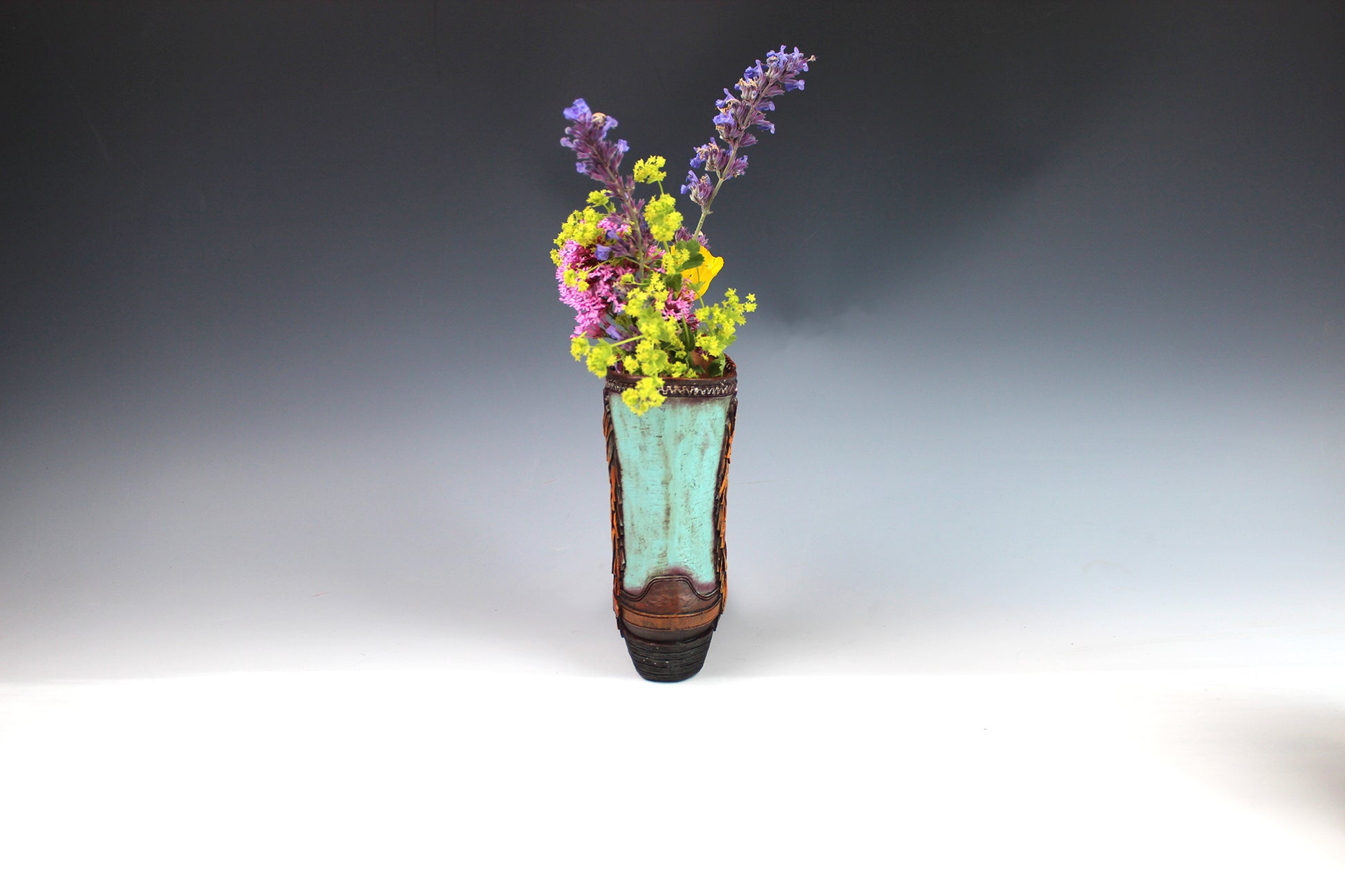 Medium Cowboy Boot Vase - brown & turquoise cowboy boot vase with accents, western style flower arrangement vase, realistic boot vase
