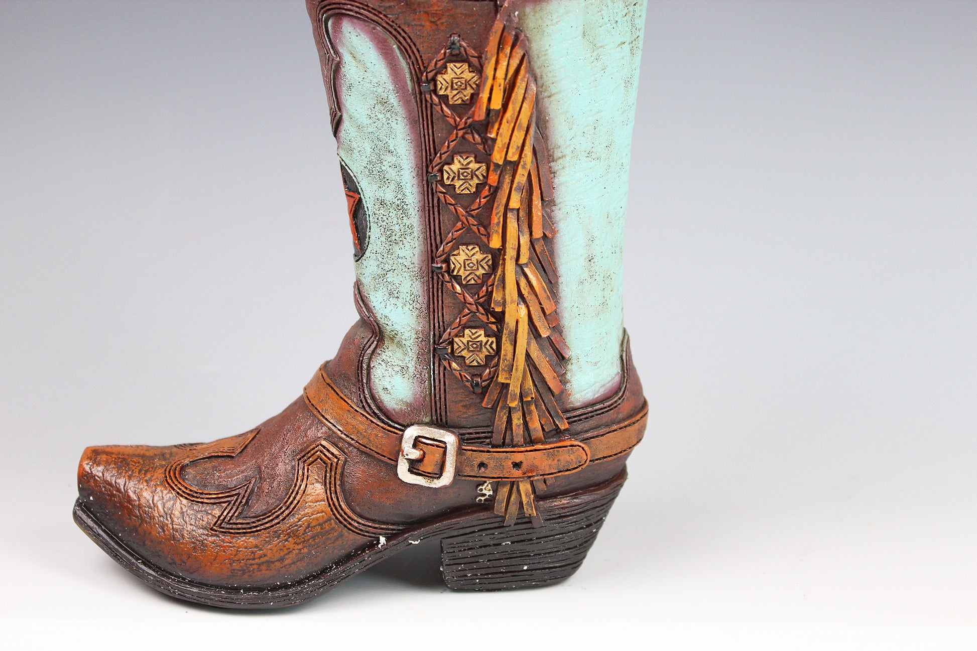 Medium Cowboy Boot Vase - brown & turquoise cowboy boot vase with accents, western style flower arrangement vase, realistic boot vase