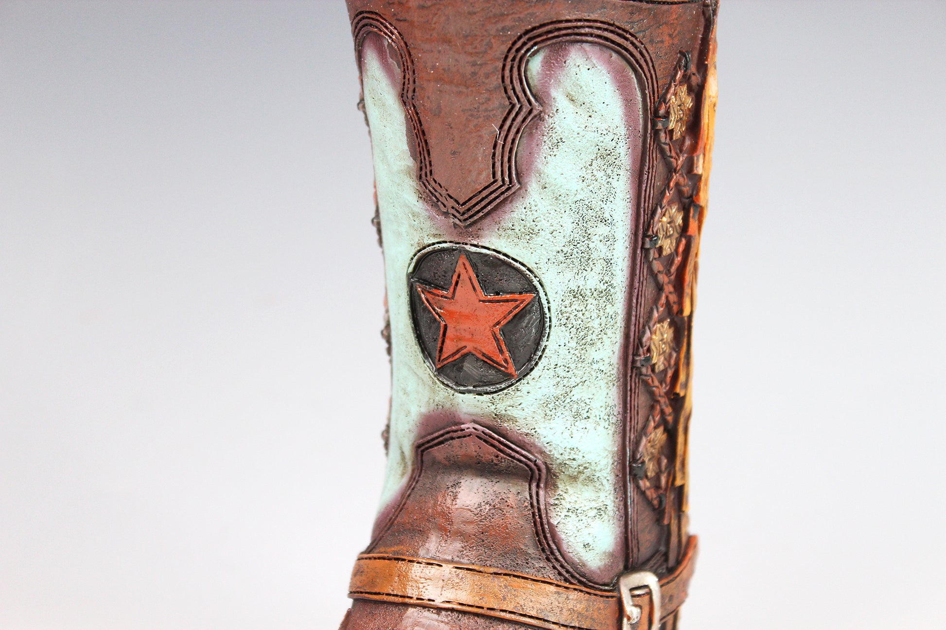 Medium Cowboy Boot Vase - brown & turquoise cowboy boot vase with accents, western style flower arrangement vase, realistic boot vase