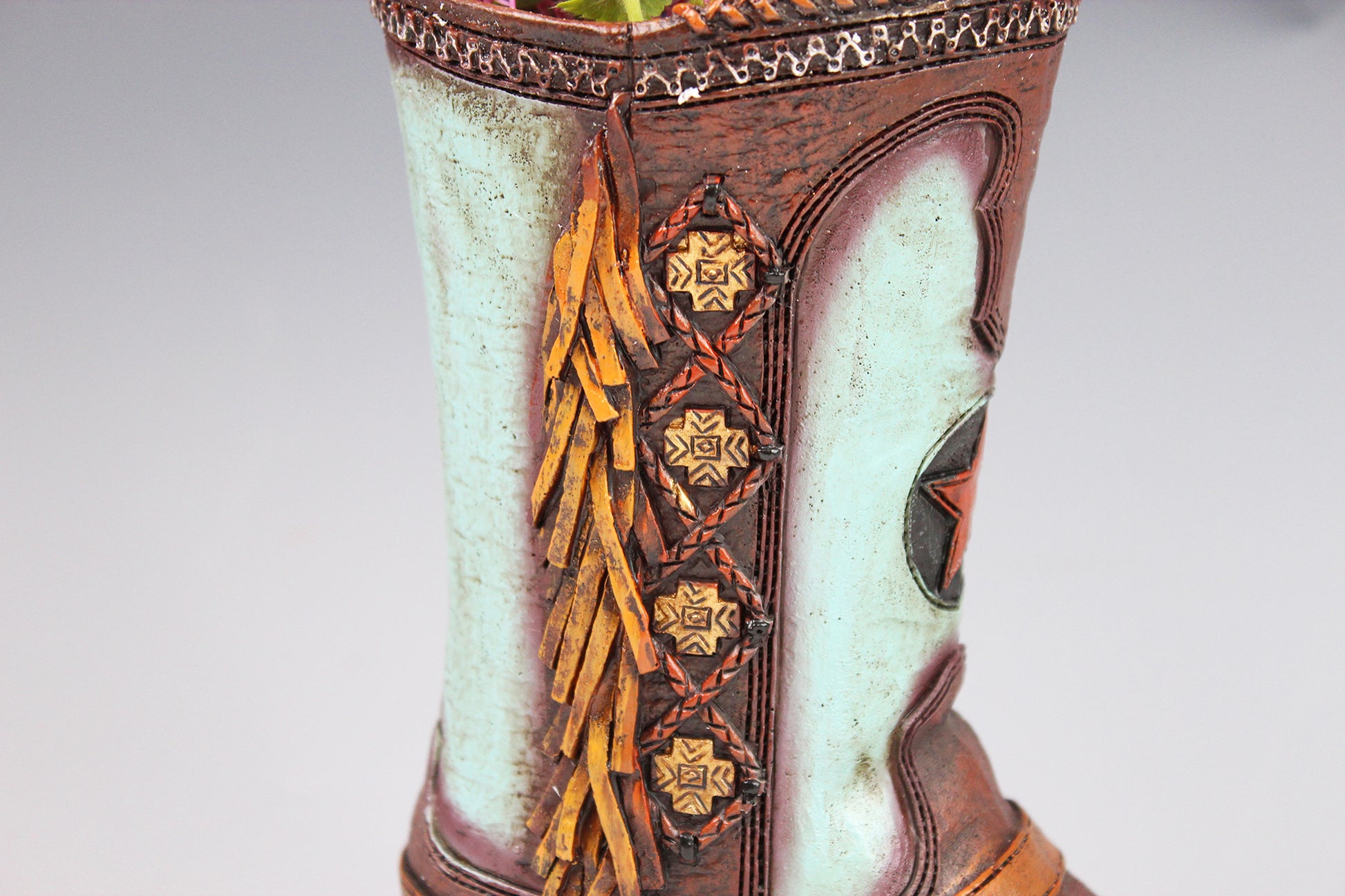 Medium Cowboy Boot Vase - brown & turquoise cowboy boot vase with accents, western style flower arrangement vase, realistic boot vase