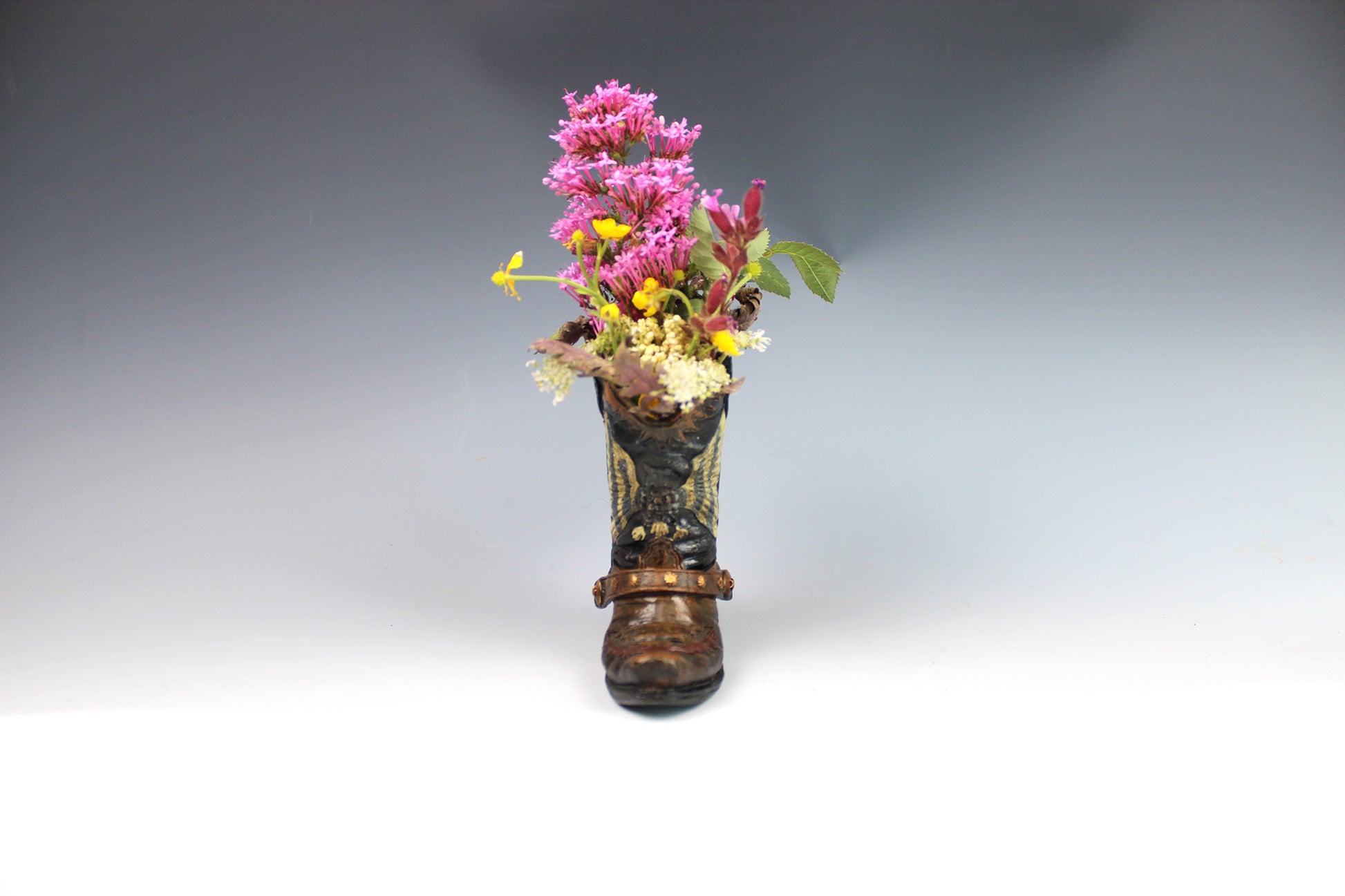 Small Cowboy Boot Vase - version 3 - brown cowboy boot vase with realistic accents, western style flower vase, realistic boot vase