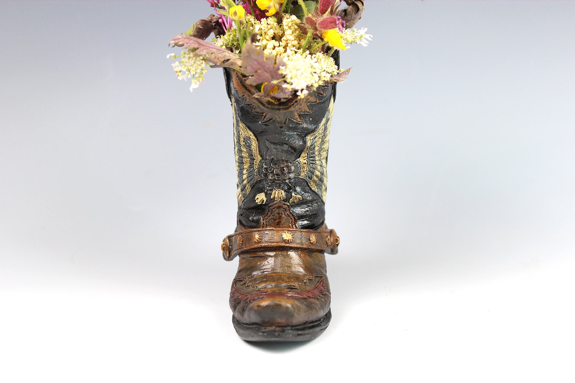 Small Cowboy Boot Vase - version 3 - brown cowboy boot vase with realistic accents, western style flower vase, realistic boot vase