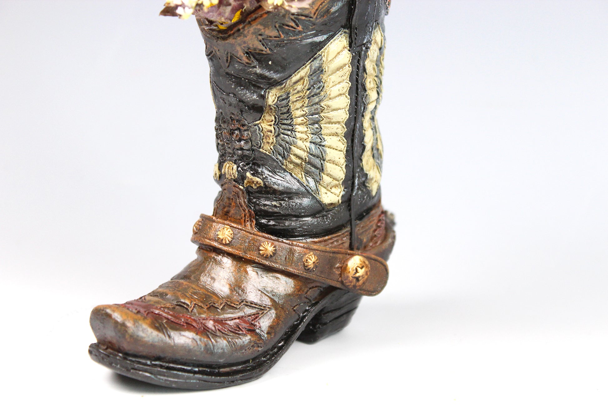 Small Cowboy Boot Vase - version 3 - brown cowboy boot vase with realistic accents, western style flower vase, realistic boot vase