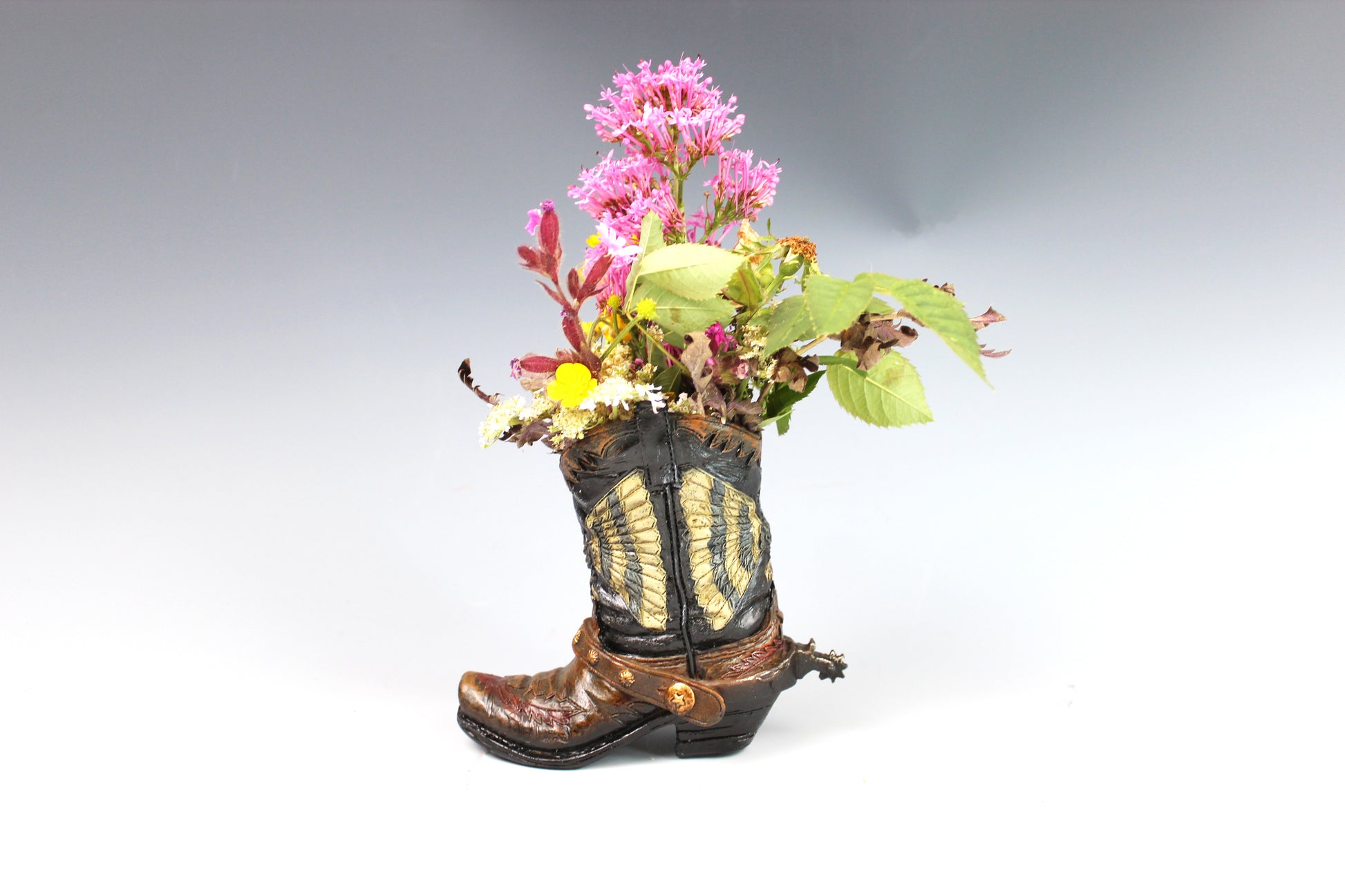 Small Cowboy Boot Vase - version 3 - brown cowboy boot vase with realistic accents, western style flower vase, realistic boot vase