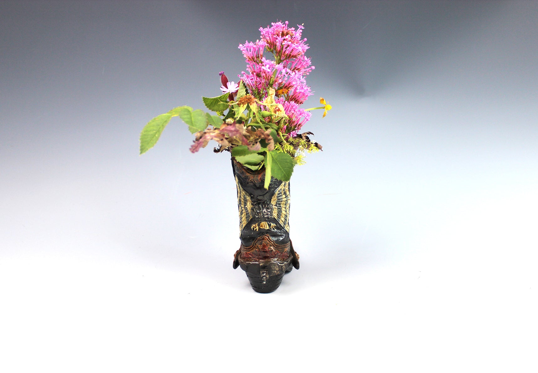 Small Cowboy Boot Vase - version 3 - brown cowboy boot vase with realistic accents, western style flower vase, realistic boot vase