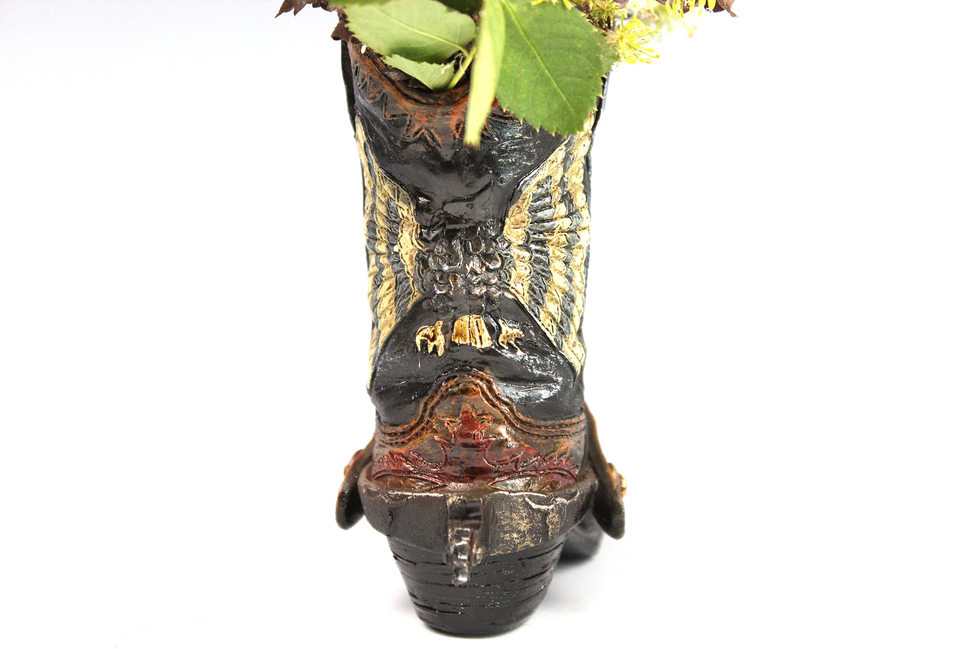 Small Cowboy Boot Vase - version 3 - brown cowboy boot vase with realistic accents, western style flower vase, realistic boot vase