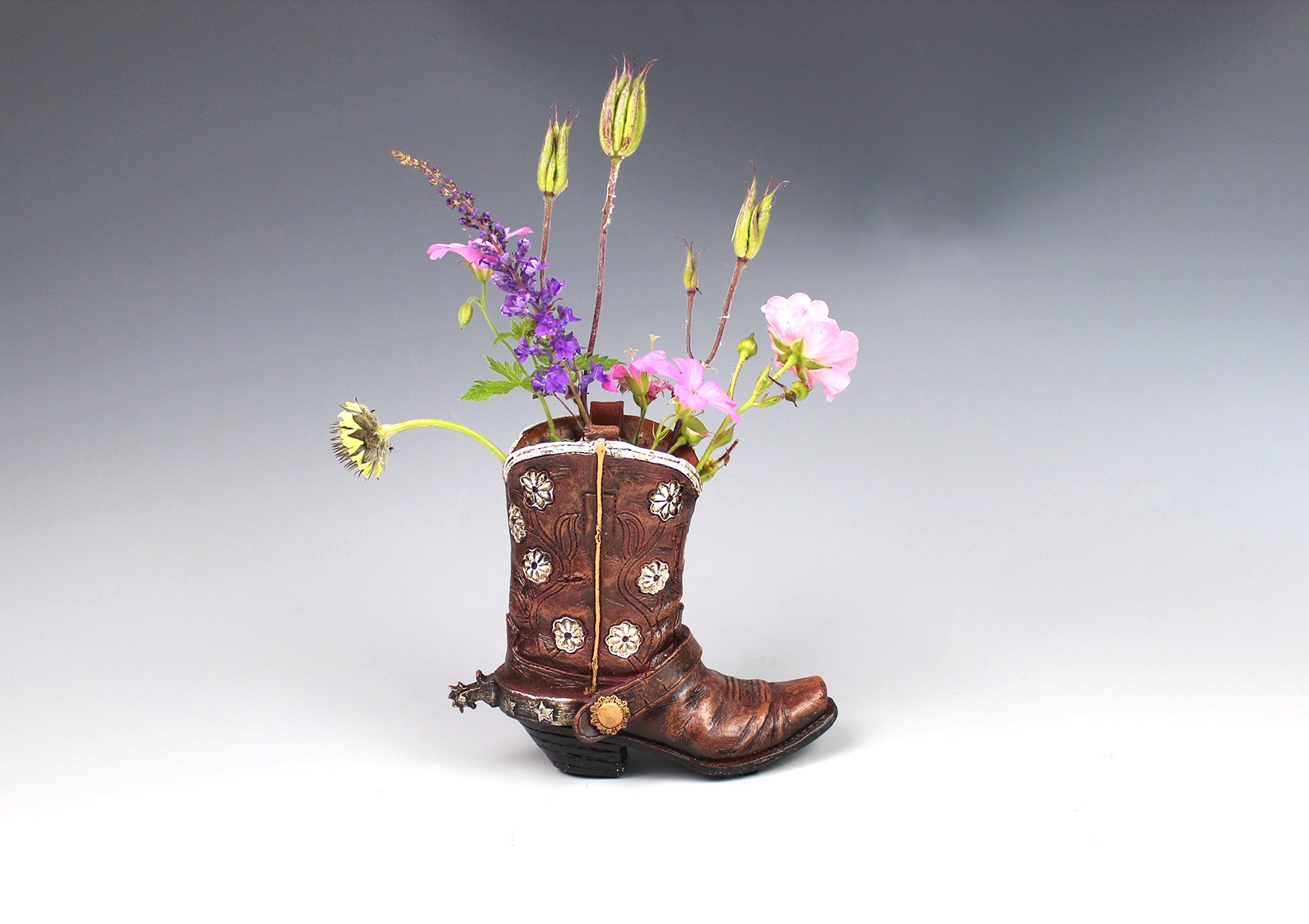 Small Cowboy Boot Vase - version 4 - brown cowboy boot vase with a horse accent, western style flower vase, realistic boot vase