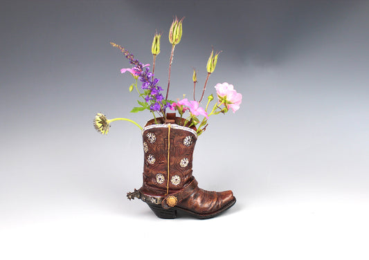 Small Cowboy Boot Vase - version 4 - brown cowboy boot vase with a horse accent, western style flower vase, realistic boot vase