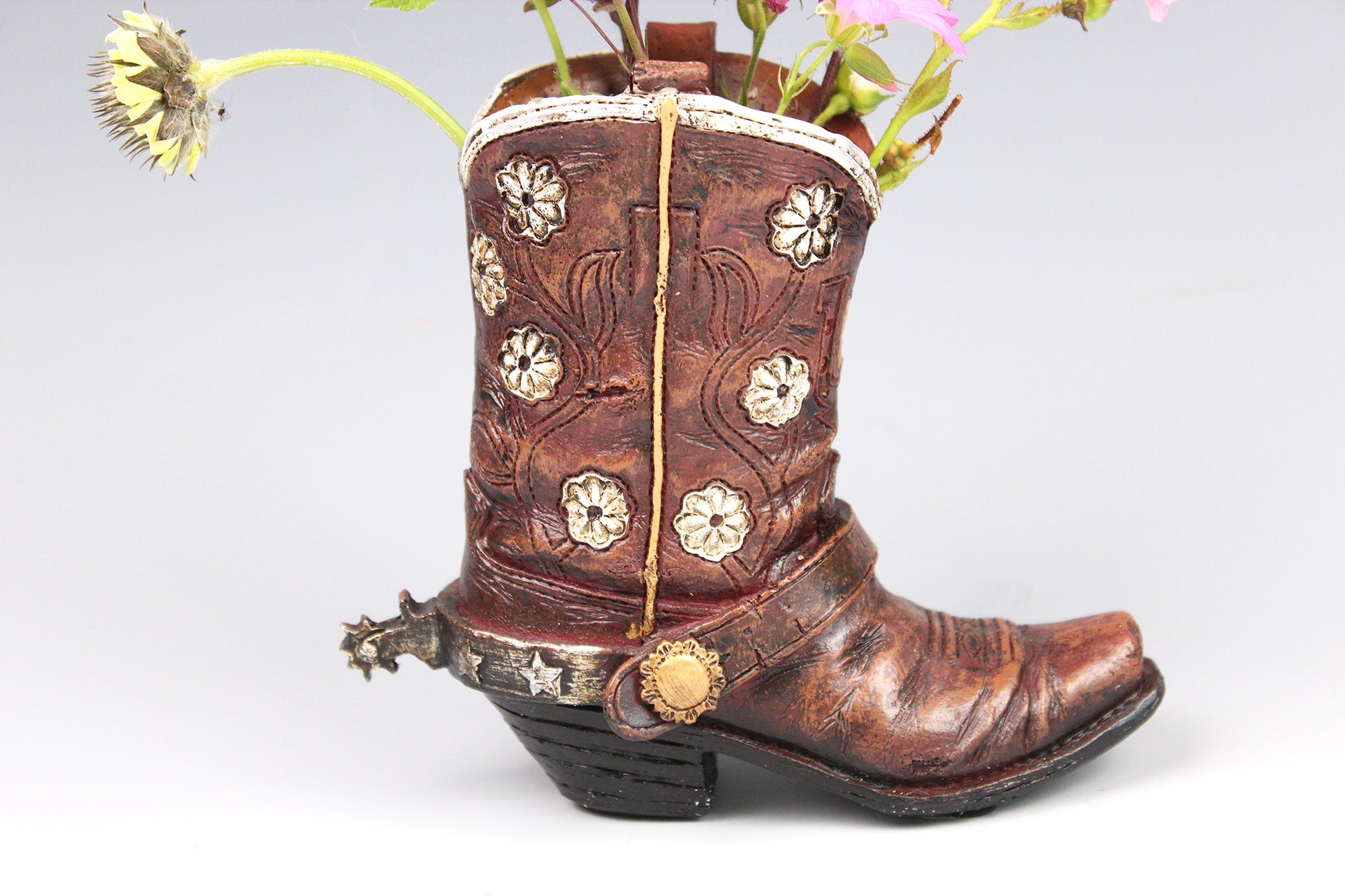 Small Cowboy Boot Vase - version 4 - brown cowboy boot vase with a horse accent, western style flower vase, realistic boot vase