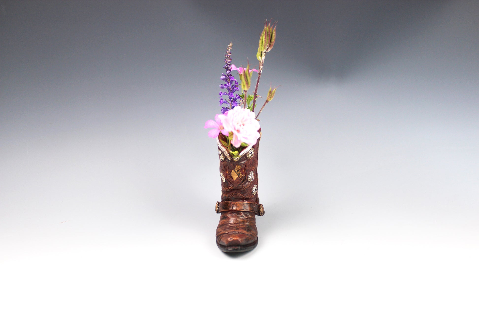 Small Cowboy Boot Vase - version 4 - brown cowboy boot vase with a horse accent, western style flower vase, realistic boot vase