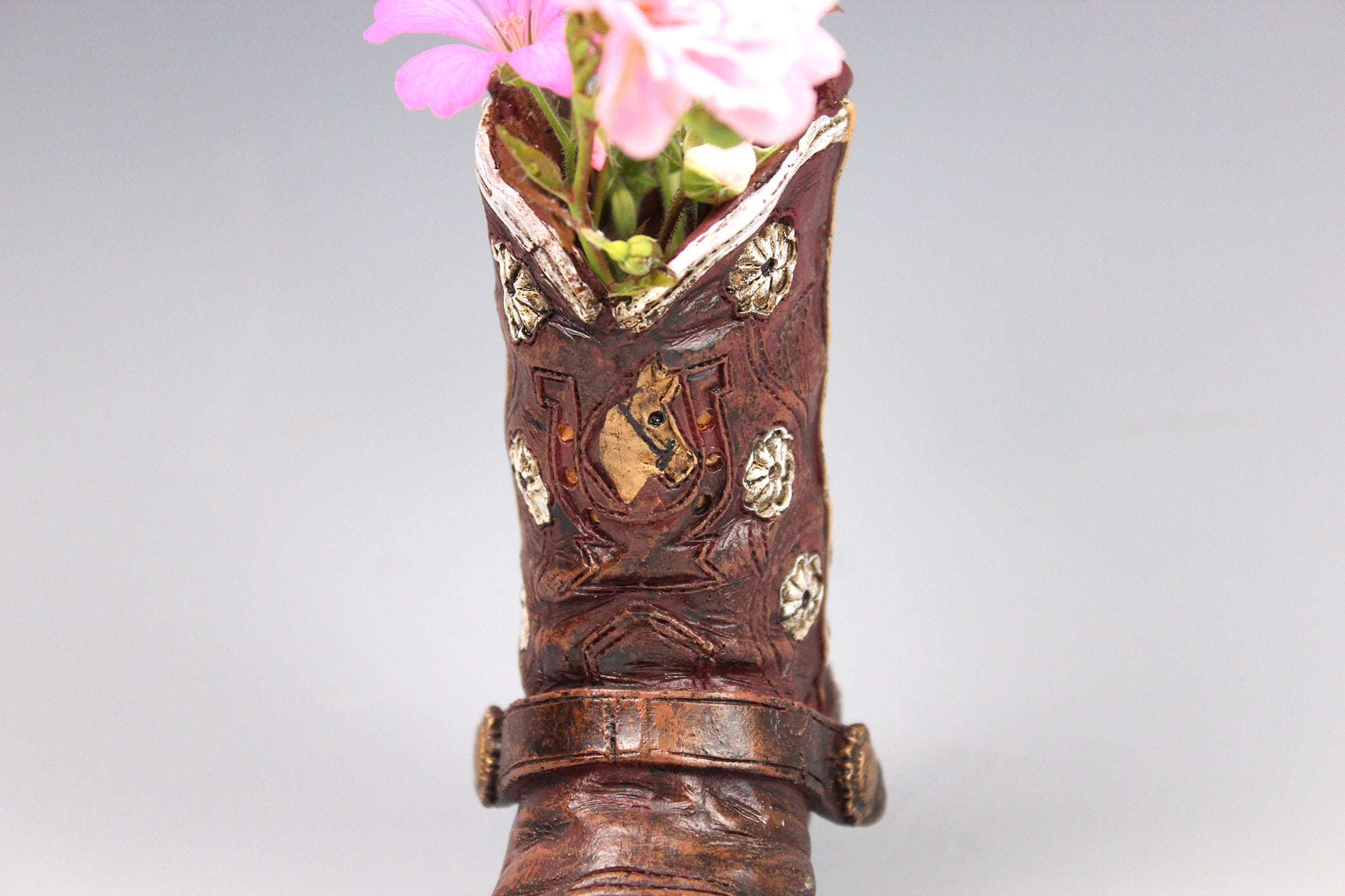 Small Cowboy Boot Vase - version 4 - brown cowboy boot vase with a horse accent, western style flower vase, realistic boot vase