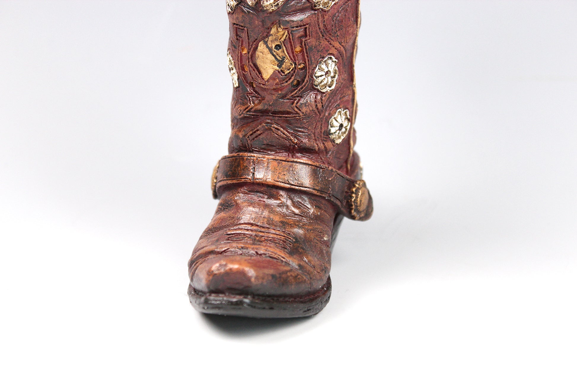Small Cowboy Boot Vase - version 4 - brown cowboy boot vase with a horse accent, western style flower vase, realistic boot vase