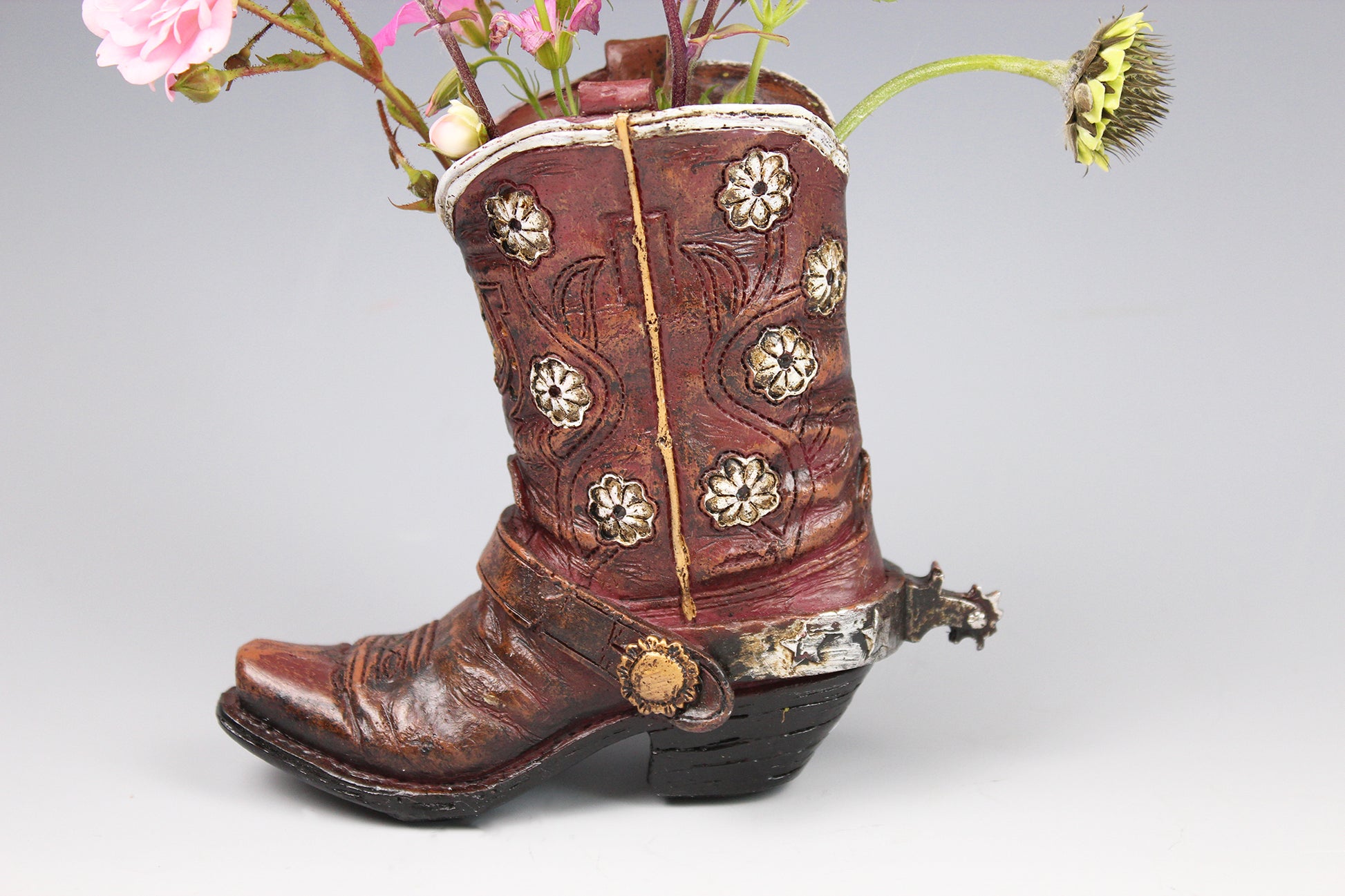 Small Cowboy Boot Vase - version 4 - brown cowboy boot vase with a horse accent, western style flower vase, realistic boot vase
