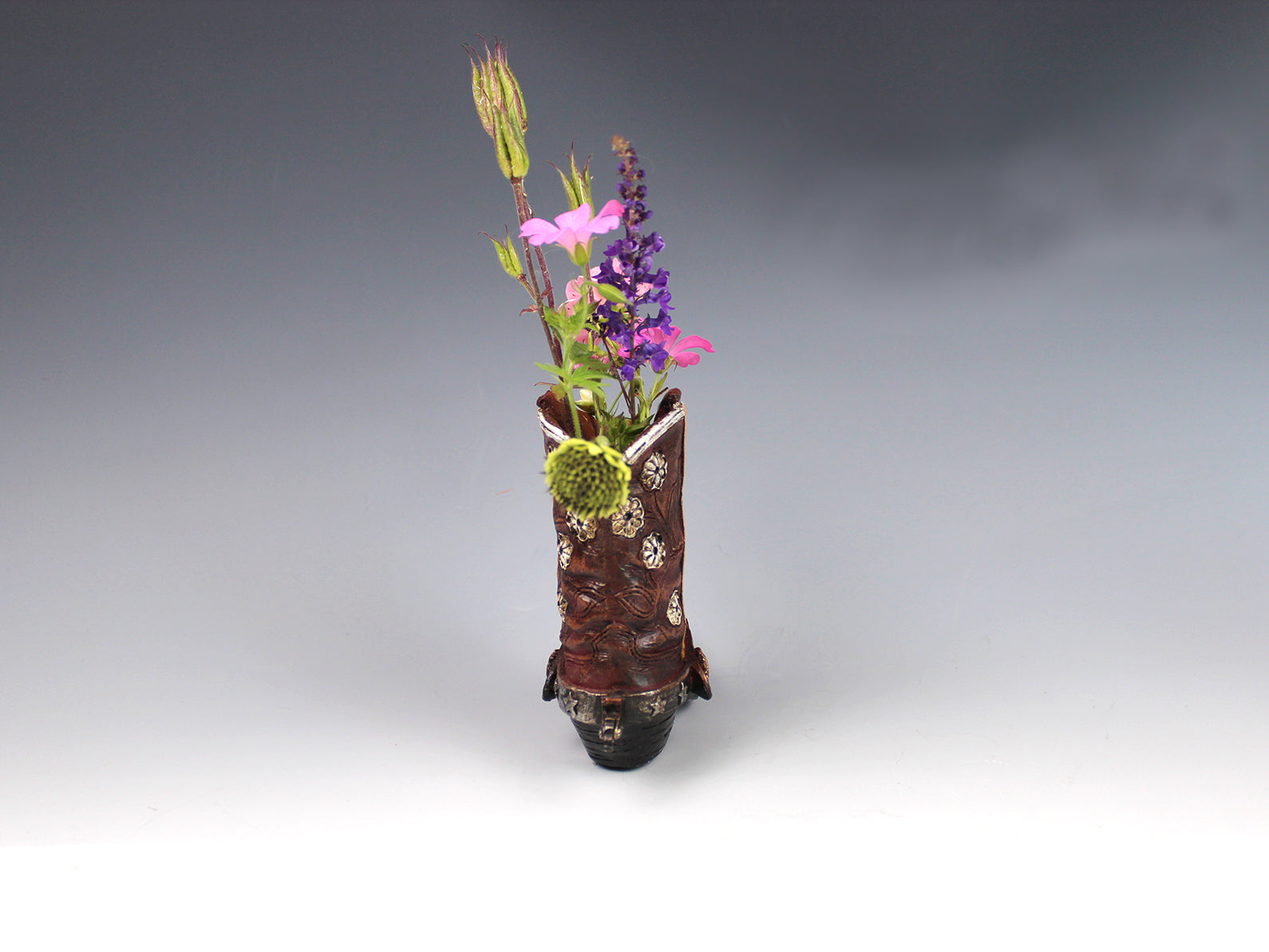 Small Cowboy Boot Vase - version 4 - brown cowboy boot vase with a horse accent, western style flower vase, realistic boot vase