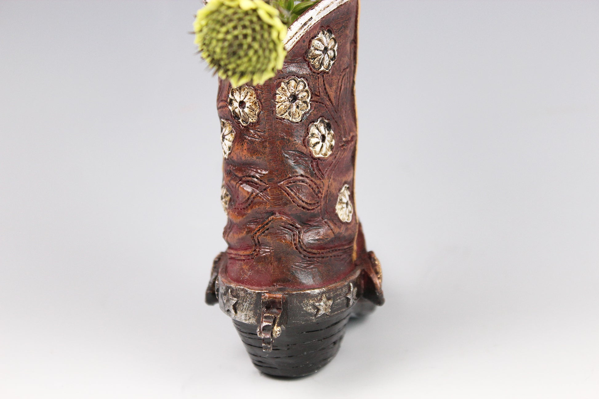 Small Cowboy Boot Vase - version 4 - brown cowboy boot vase with a horse accent, western style flower vase, realistic boot vase