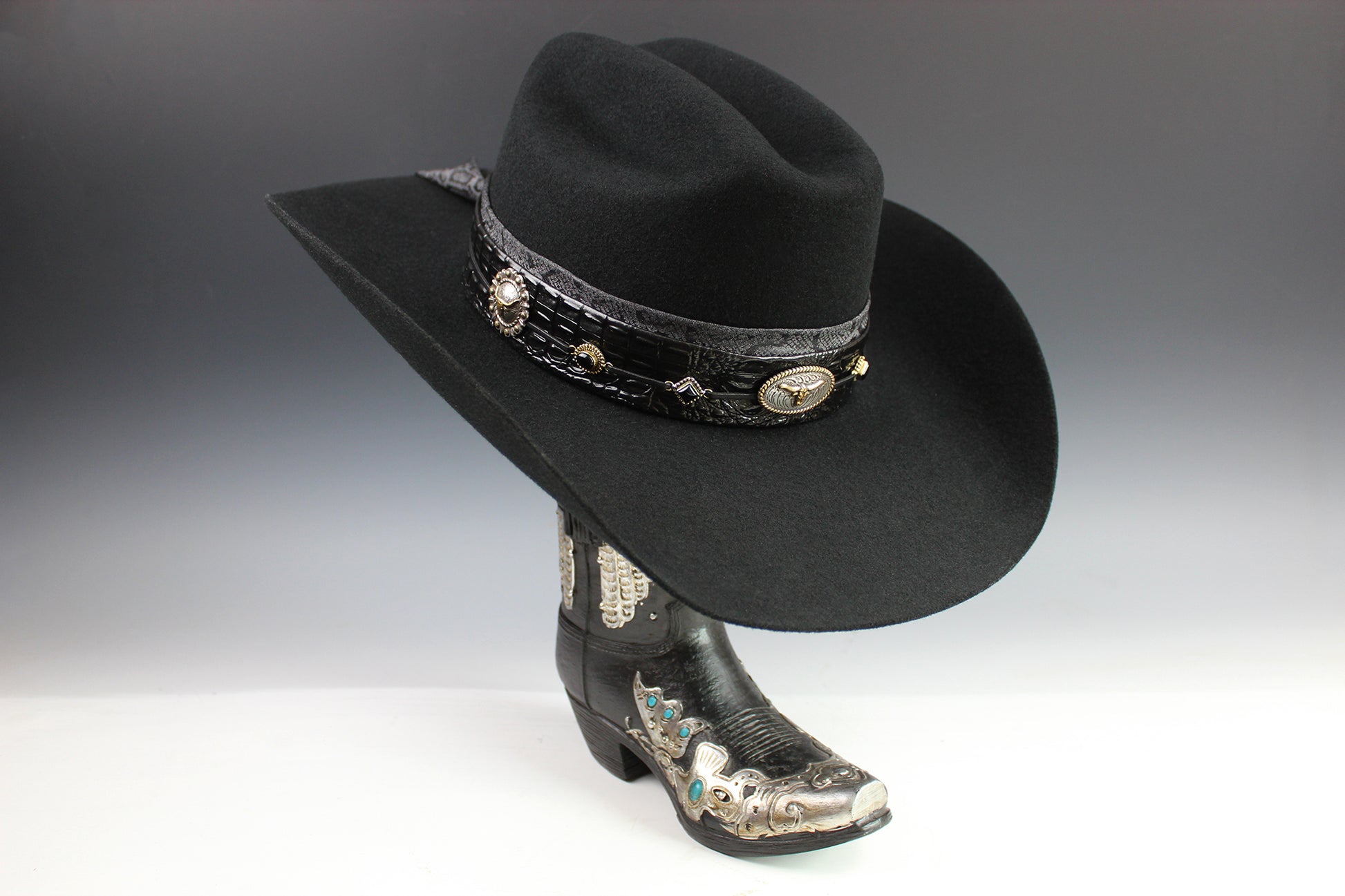 The Gunslinger Cowboy Hat - Black -  Black Wool Felt Cattleman Cowboy Hat with black onyx and texas steer conchos, unisex cowboy cowgirl hat