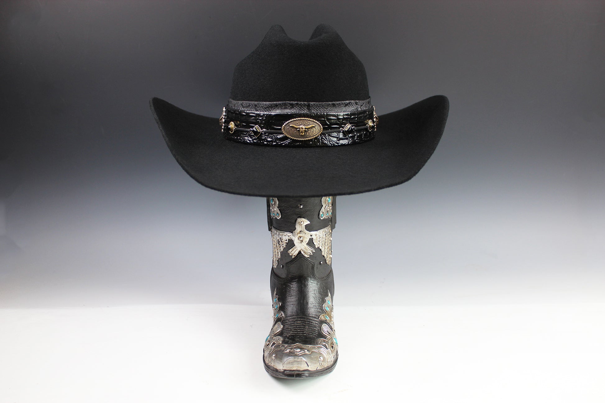 The Gunslinger Cowboy Hat - Black -  Black Wool Felt Cattleman Cowboy Hat with black onyx and texas steer conchos, unisex cowboy cowgirl hat
