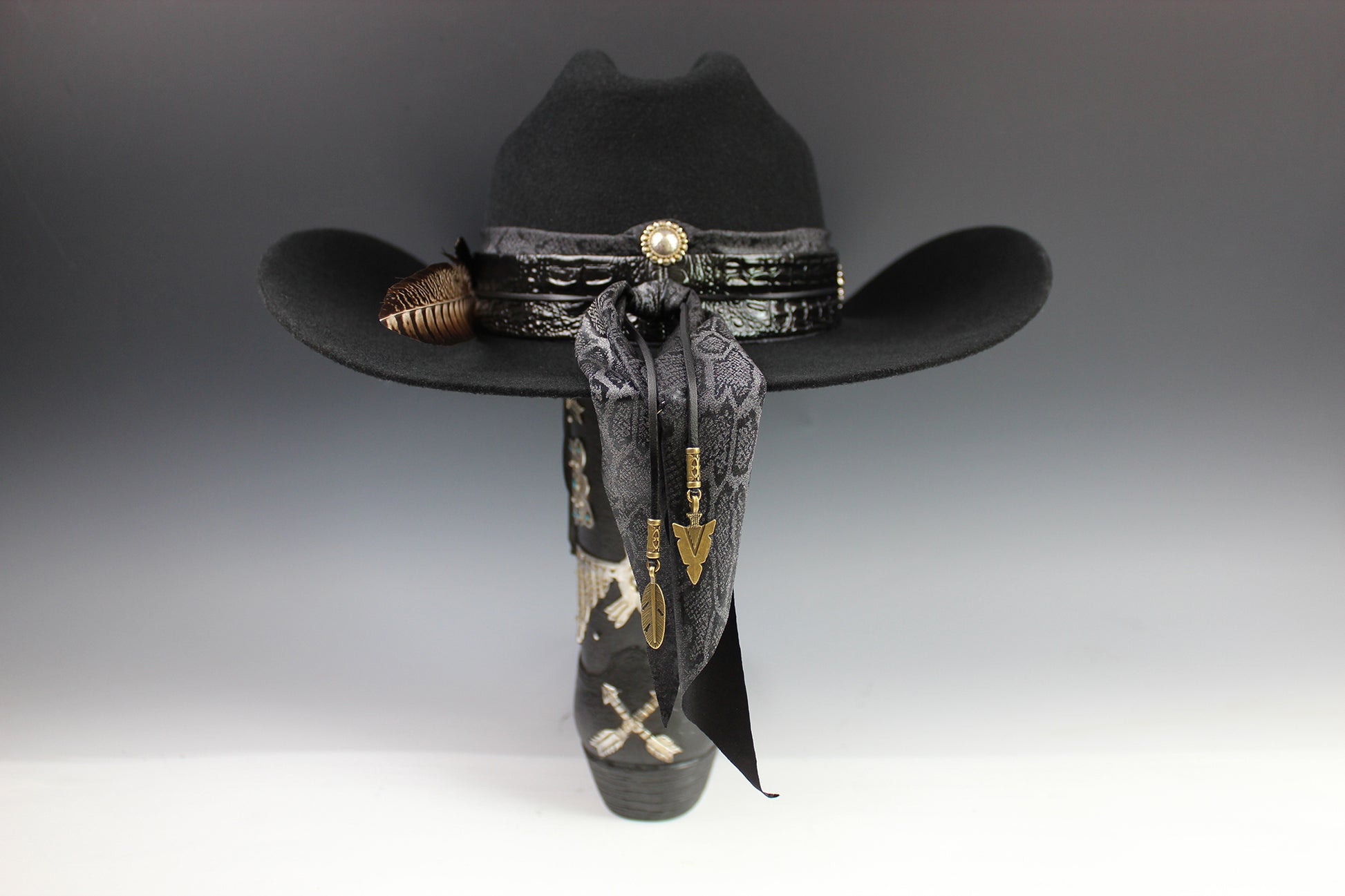 The Gunslinger Cowboy Hat - Black -  Black Wool Felt Cattleman Cowboy Hat with black onyx and texas steer conchos, unisex cowboy cowgirl hat