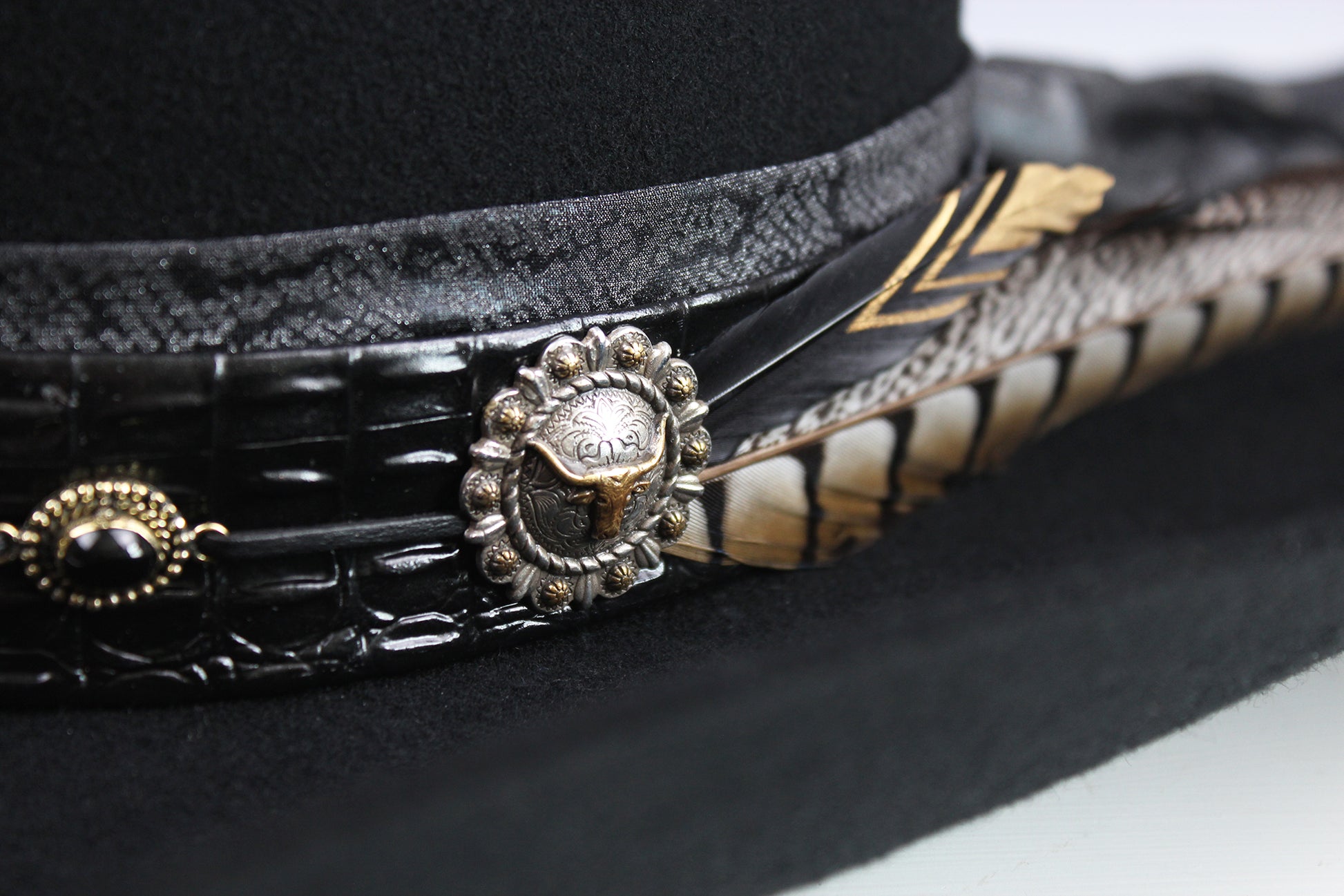 The Gunslinger Cowboy Hat - Black -  Black Wool Felt Cattleman Cowboy Hat with black onyx and texas steer conchos, unisex cowboy cowgirl hat