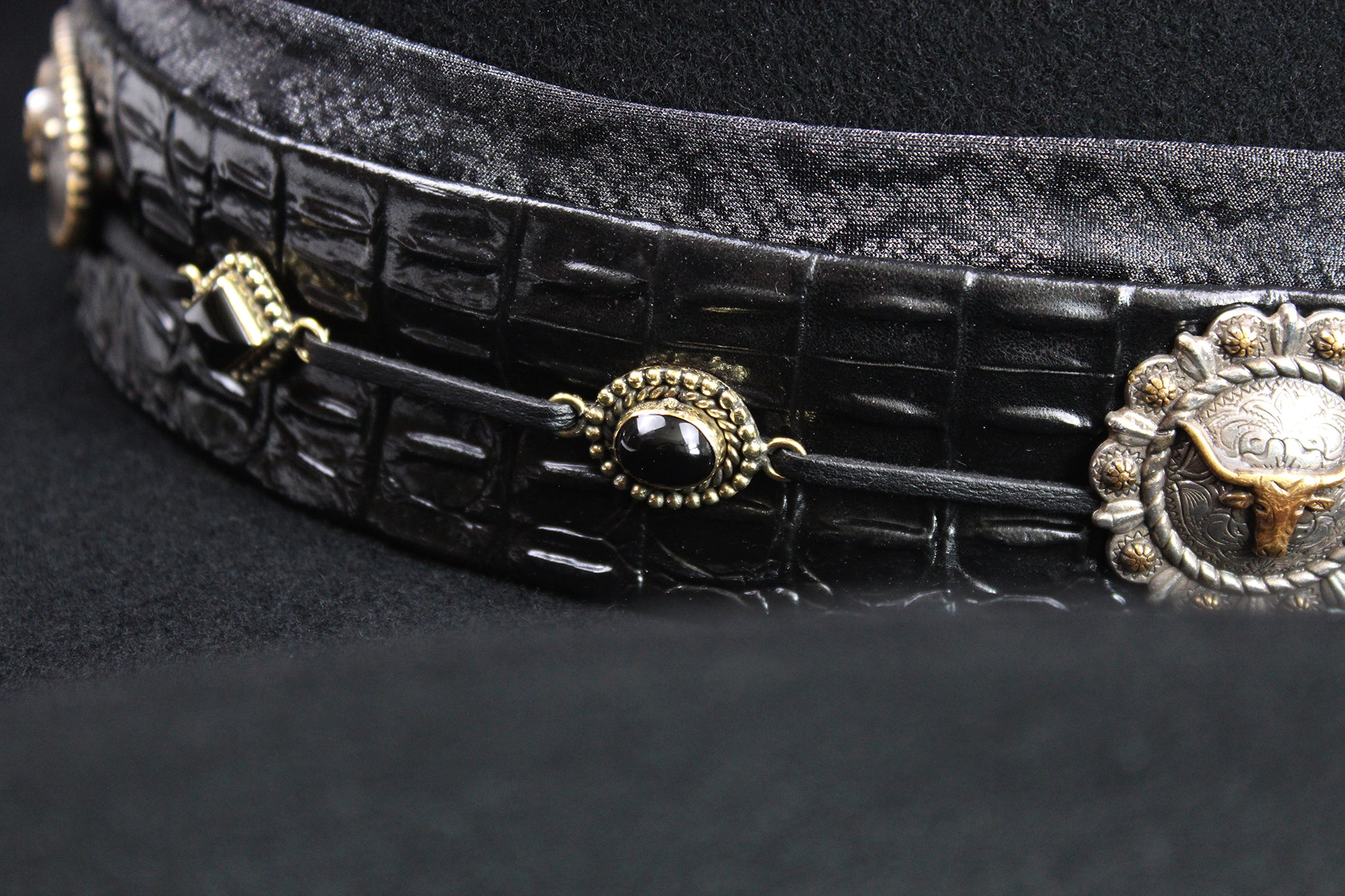 The Gunslinger Cowboy Hat - Black -  Black Wool Felt Cattleman Cowboy Hat with black onyx and texas steer conchos, unisex cowboy cowgirl hat