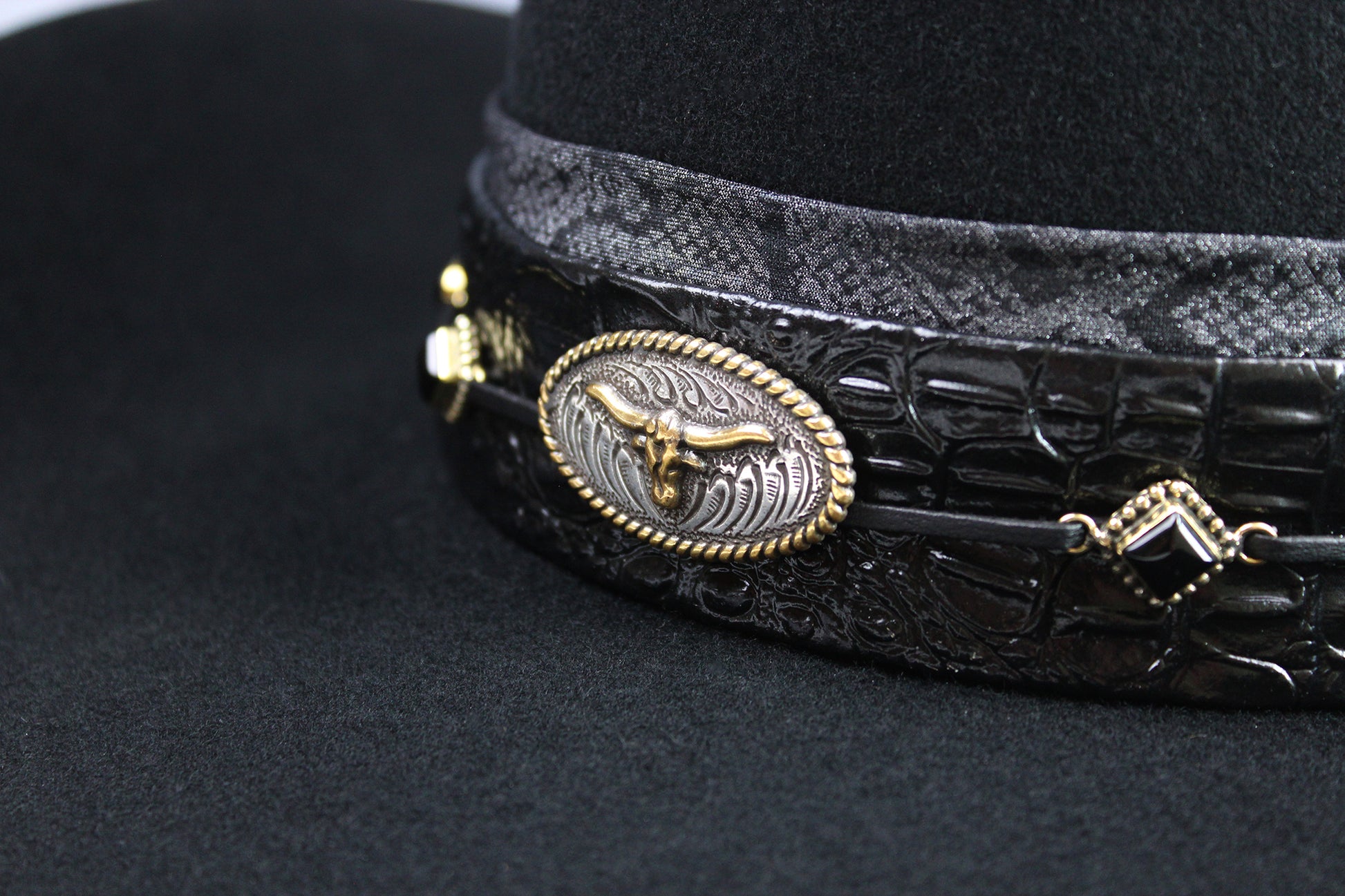 The Gunslinger Cowboy Hat - Black -  Black Wool Felt Cattleman Cowboy Hat with black onyx and texas steer conchos, unisex cowboy cowgirl hat