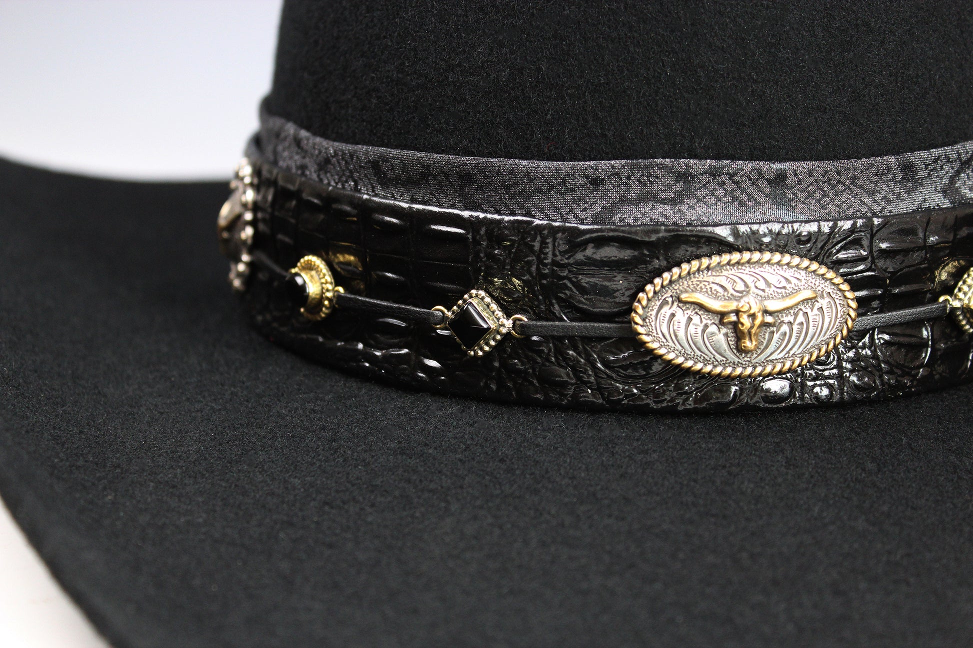 The Gunslinger Cowboy Hat - Black -  Black Wool Felt Cattleman Cowboy Hat with black onyx and texas steer conchos, unisex cowboy cowgirl hat
