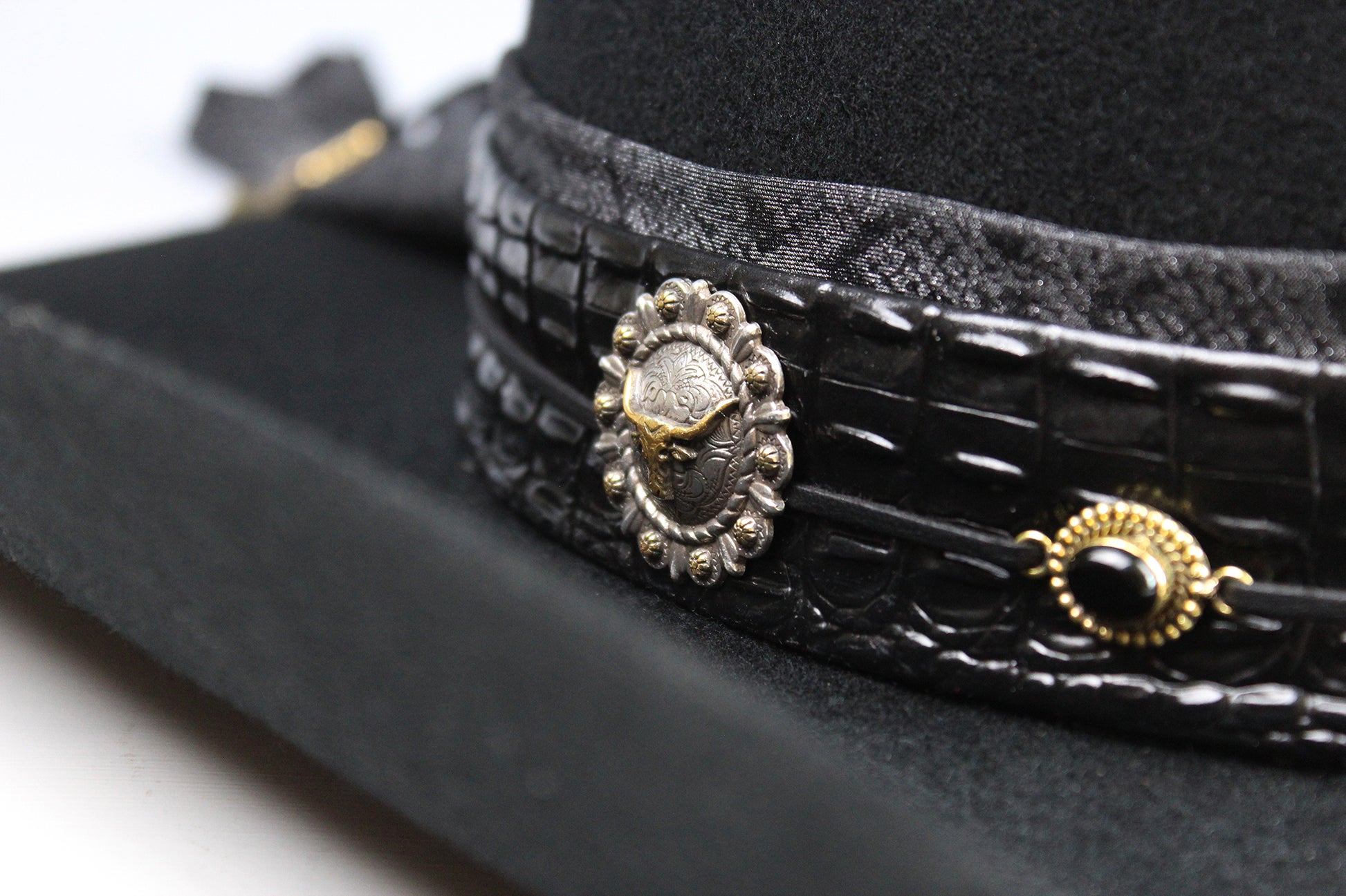 The Gunslinger Cowboy Hat - Black -  Black Wool Felt Cattleman Cowboy Hat with black onyx and texas steer conchos, unisex cowboy cowgirl hat