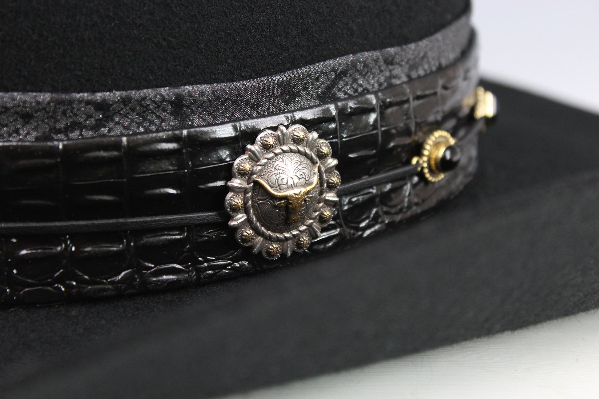 The Gunslinger Cowboy Hat - Black -  Black Wool Felt Cattleman Cowboy Hat with black onyx and texas steer conchos, unisex cowboy cowgirl hat