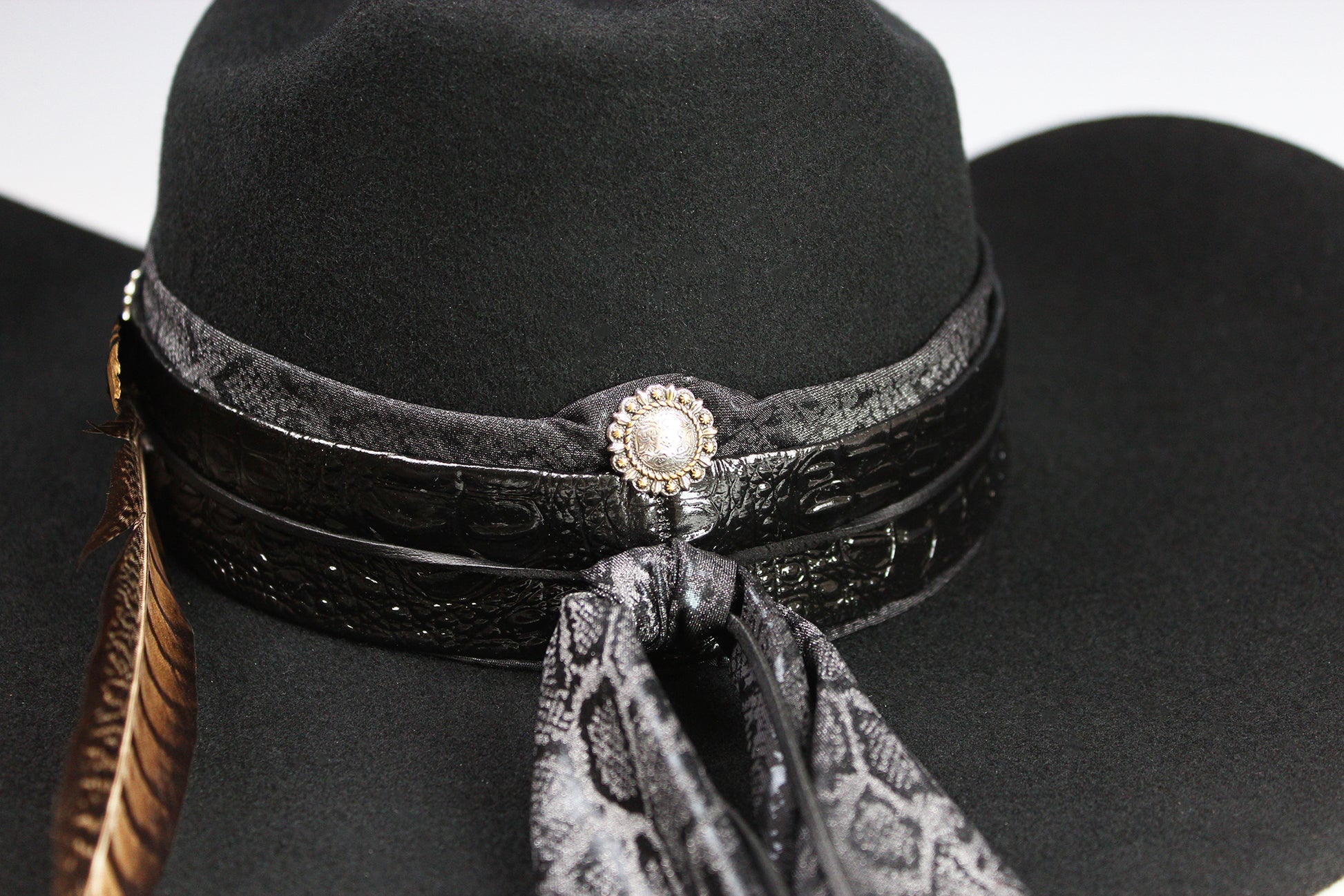 The Gunslinger Cowboy Hat - Black -  Black Wool Felt Cattleman Cowboy Hat with black onyx and texas steer conchos, unisex cowboy cowgirl hat